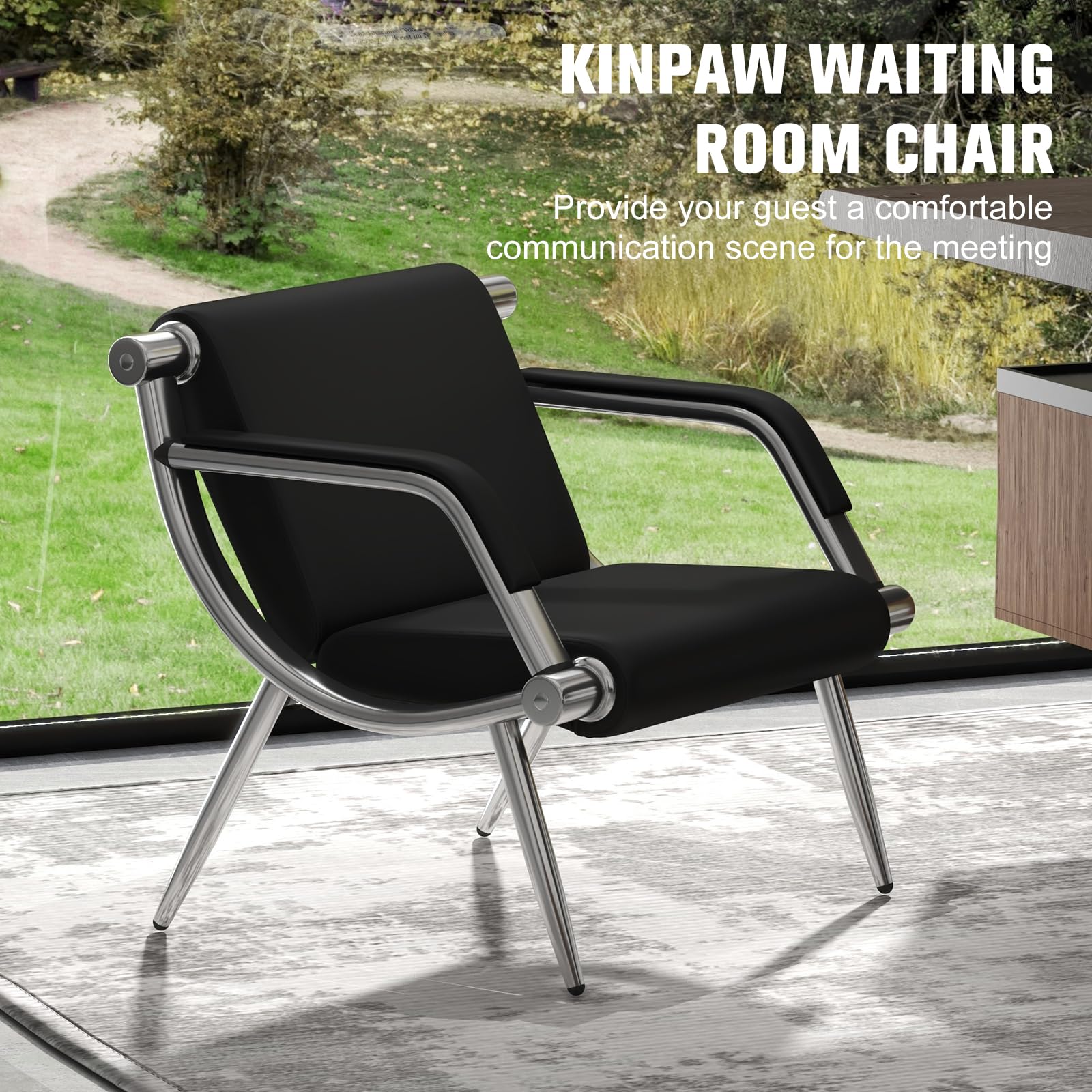 Kinpaw Leather Waiting Room Chairs - Heavy Duty Reception Bench with Padded Arms & Backrest, Black Office Conference Chairs for Meeting Rooms, Lobby Seating and Professional Workspaces