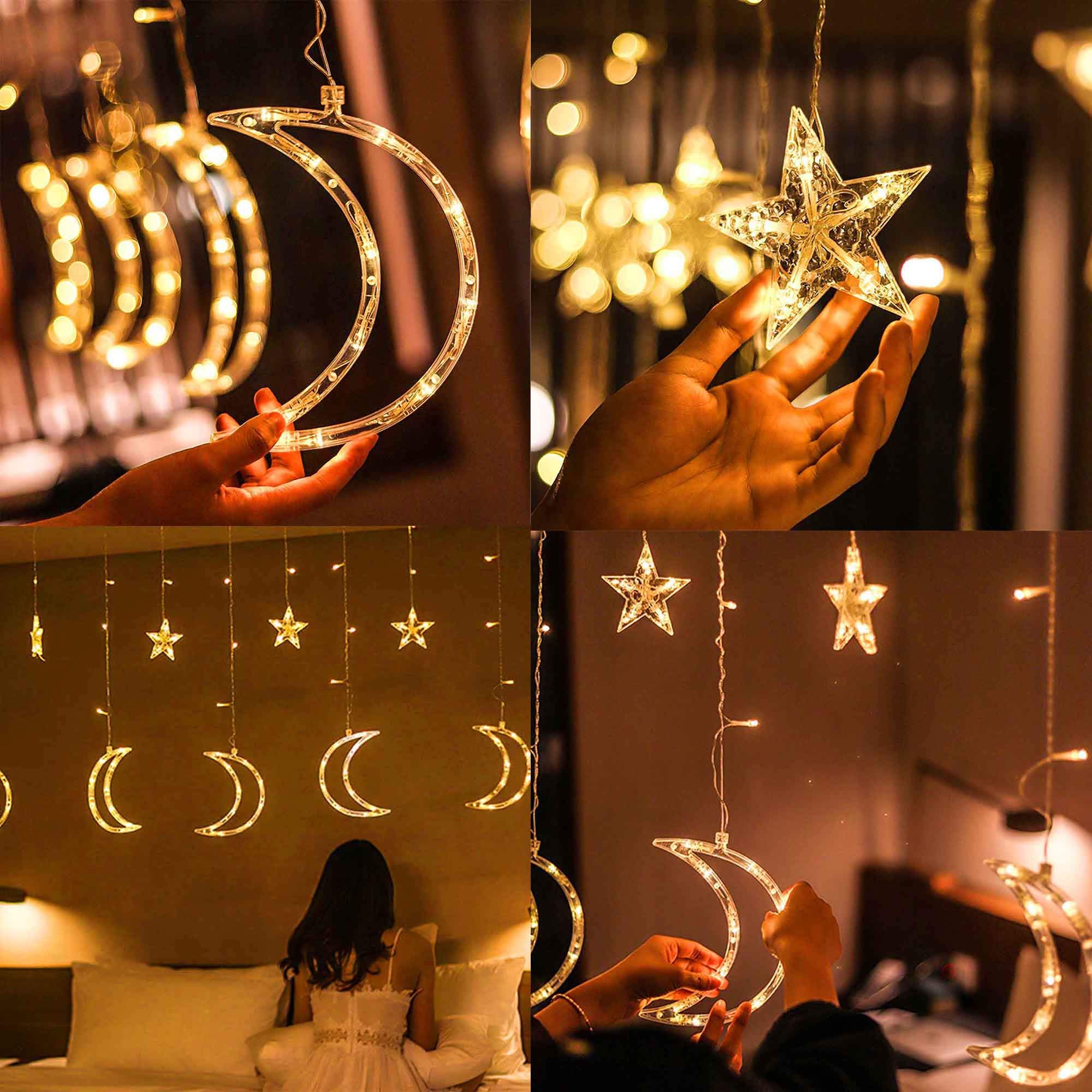 FUNPENY 138 LED Star Moon Curtain String Lights with Remote Control - 8 Modes Warm White Fairy Lights for Bedroom, Wedding, Party Decor - Perfect for Indoor, Patio, Lawn & Ramadan Decoration