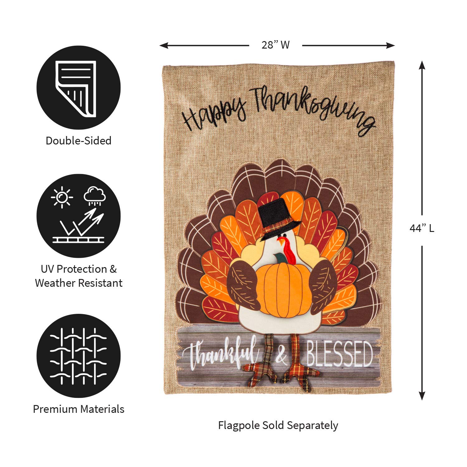 Evergreen Flag Thankful and Blessed Turkey Burlap House Flag - 28 x 44 Inches, Thanksgiving Outdoor Decor for Porch, Yard, and Garden, Farmhouse Seasonal Decoration