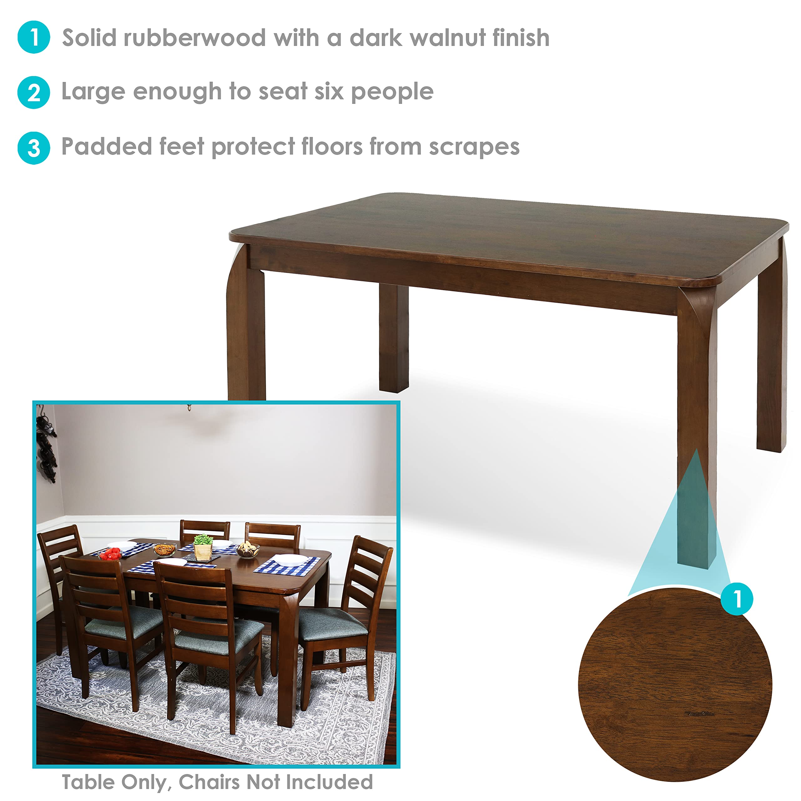 Sunnydaze Dorian 5-Foot Mid-Century Modern Dining Table - Solid Rubberwood Rectangle Kitchen Table with Dark Walnut Finish - Perfect for Small Spaces, Breakfast Nooks & Contemporary Dining Rooms
