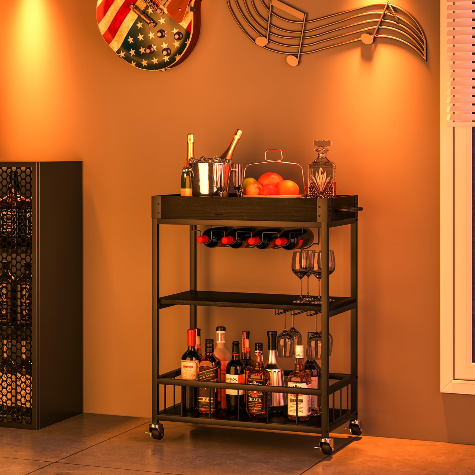 Vintage Style 3-Tier Bar Cart with Wheels - Mobile Serving Cart for Wine, Drinks & Kitchen - Wood & Metal Rolling Trolley for Living Room, Dining Room & Home Entertaining