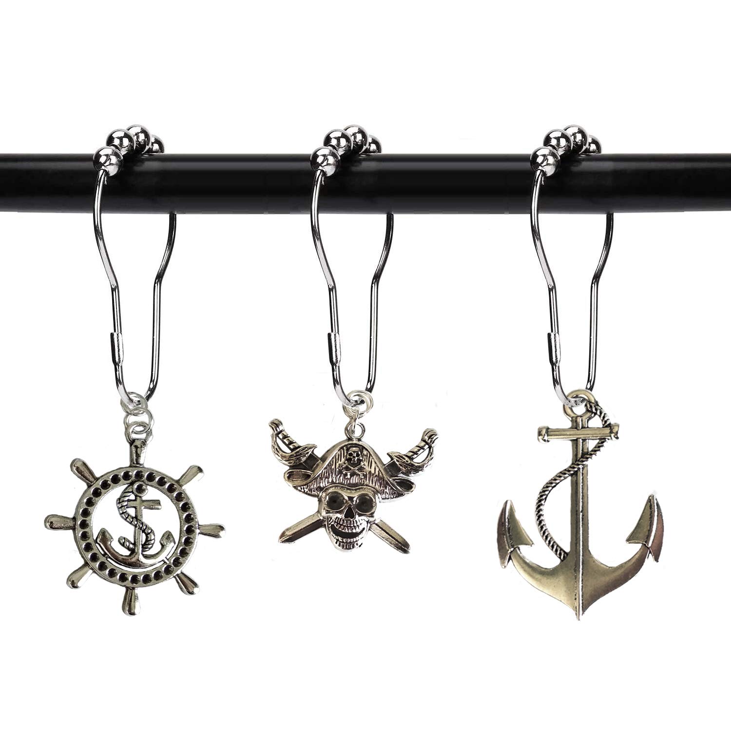 Pirate Skull Anchor Shower Curtain Hooks Set - Silver Metal Decorative Bathroom Accessories with Nautical Theme for Coastal, Beach & Ocean Inspired Bathroom Decor | Perfect for Tropical, Marine & Pirate Style Bathrooms