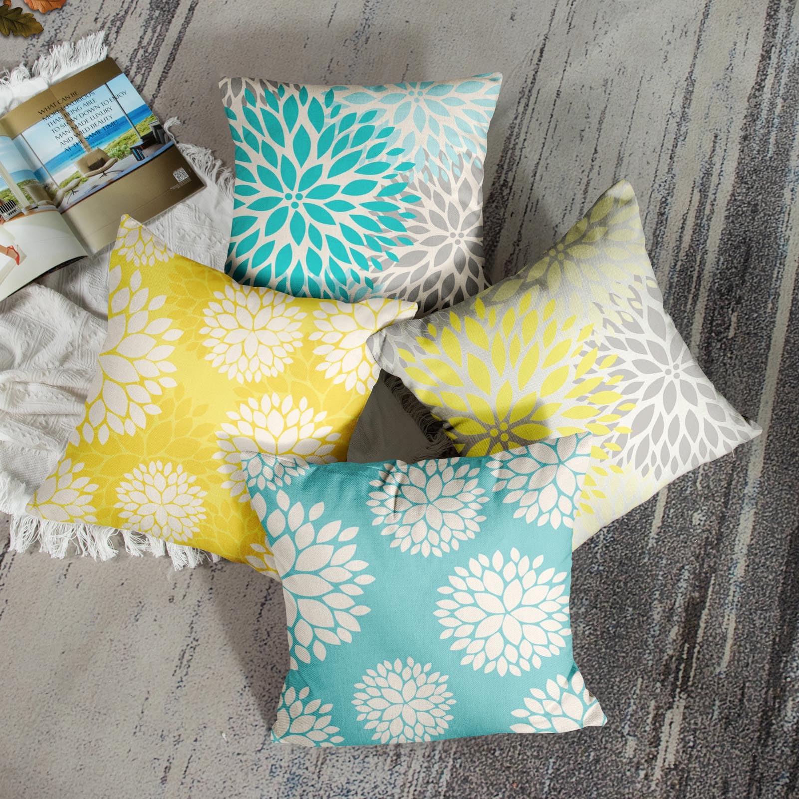 Decorative Linen Throw Pillow Covers Set of 4 - Yellow, Gray, Pastel Blue & White Floral Teal Turquoise Aqua Lemon Dahlia - 16x16 Inches for Sofa, Bed, Couch & Home Decor
