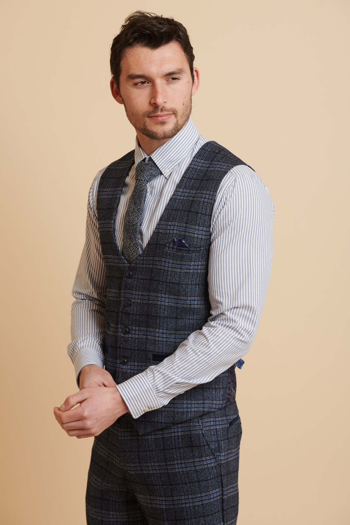 Blue Checkered Single Breasted Waistcoat for Men - Stylish Formal Vest for Weddings, Business & Office Wear