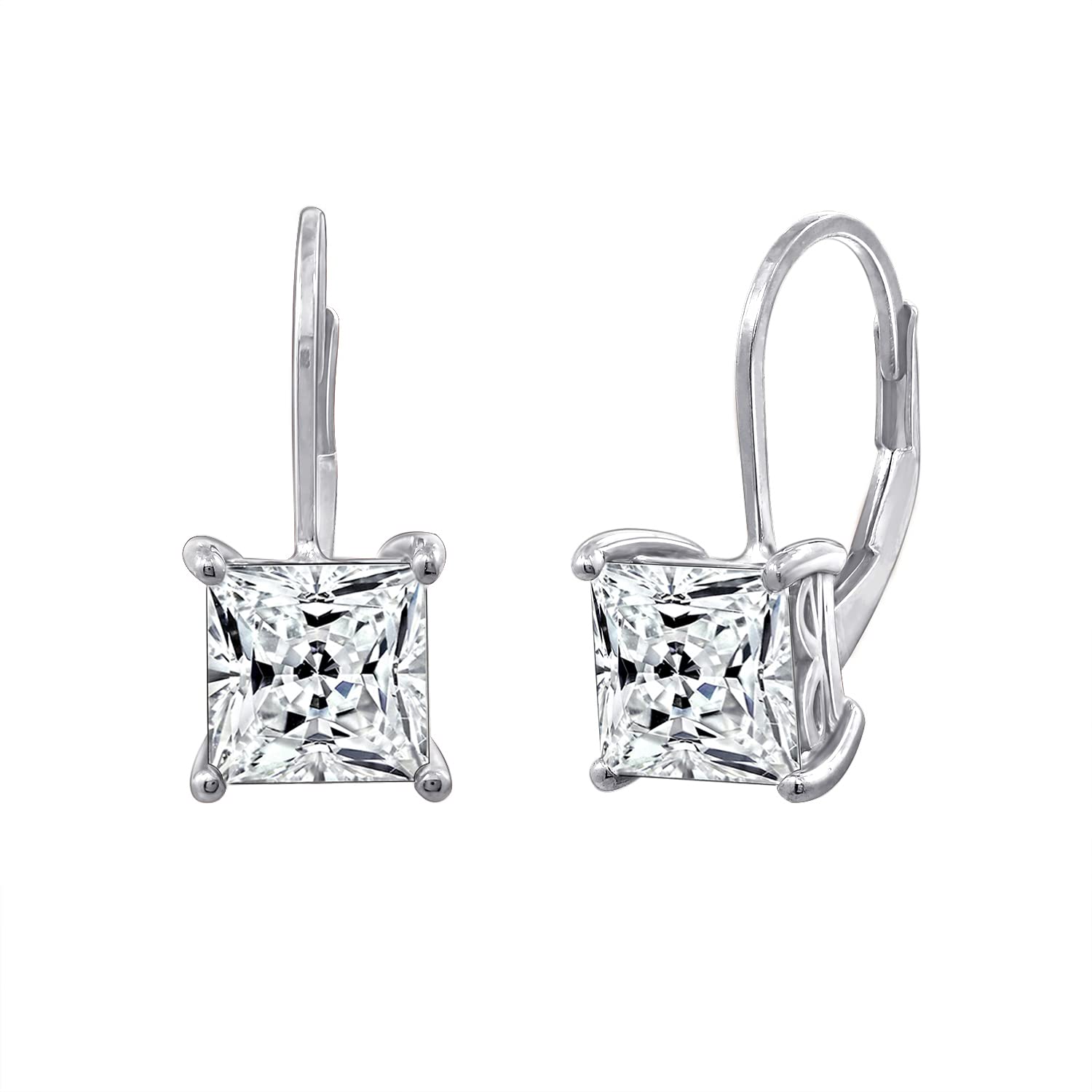 Sterling Silver Princess Cut Leverback Earrings with Cubic Zirconia | Amazon Collection | Elegant Jewelry for Women, Gift for Her, Wedding, Party & Special Occasions