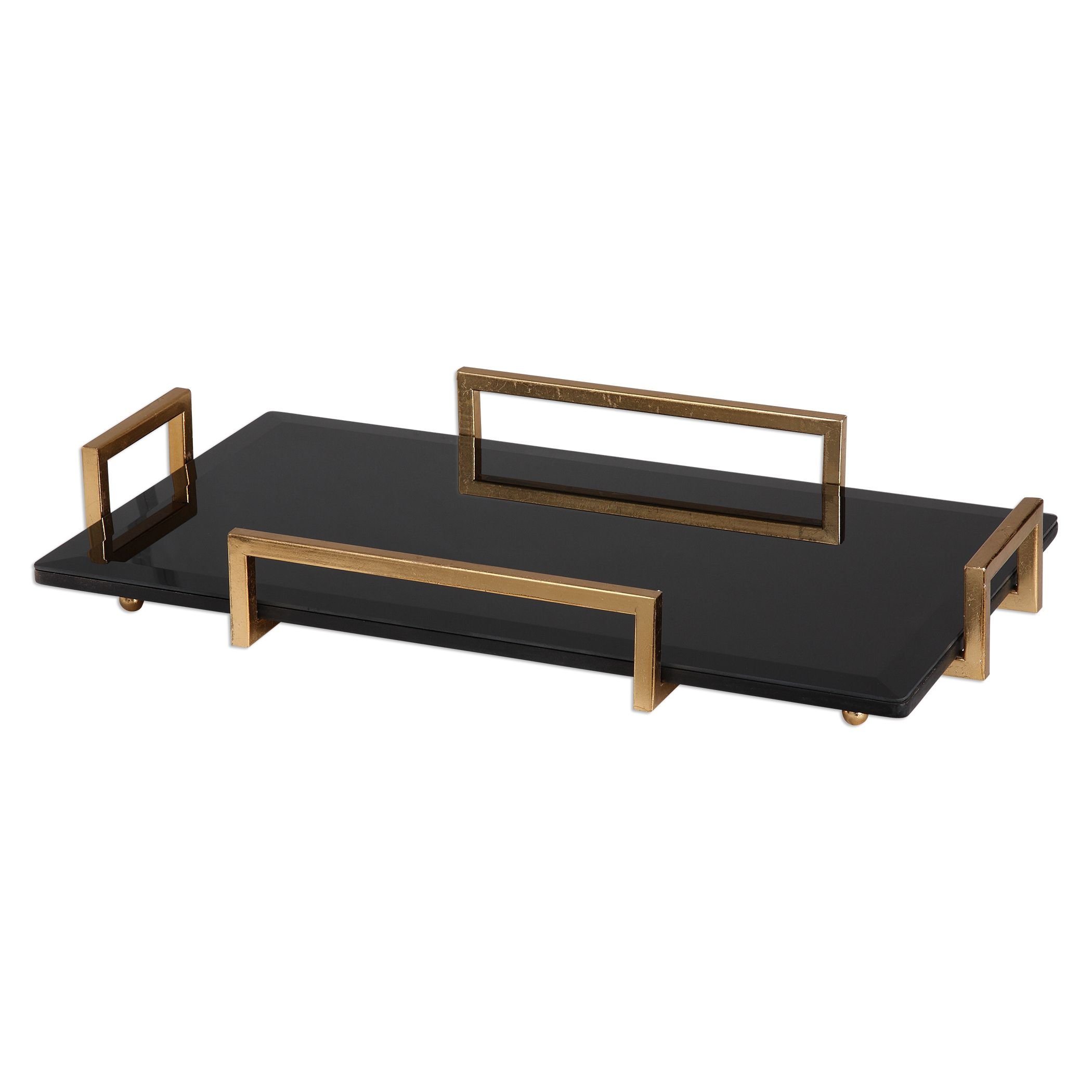 Modern Black Gold Decorative Serving Tray with Handles - Contemporary Glass & Iron Tray for Coffee Table, Dining, and Gift Giving