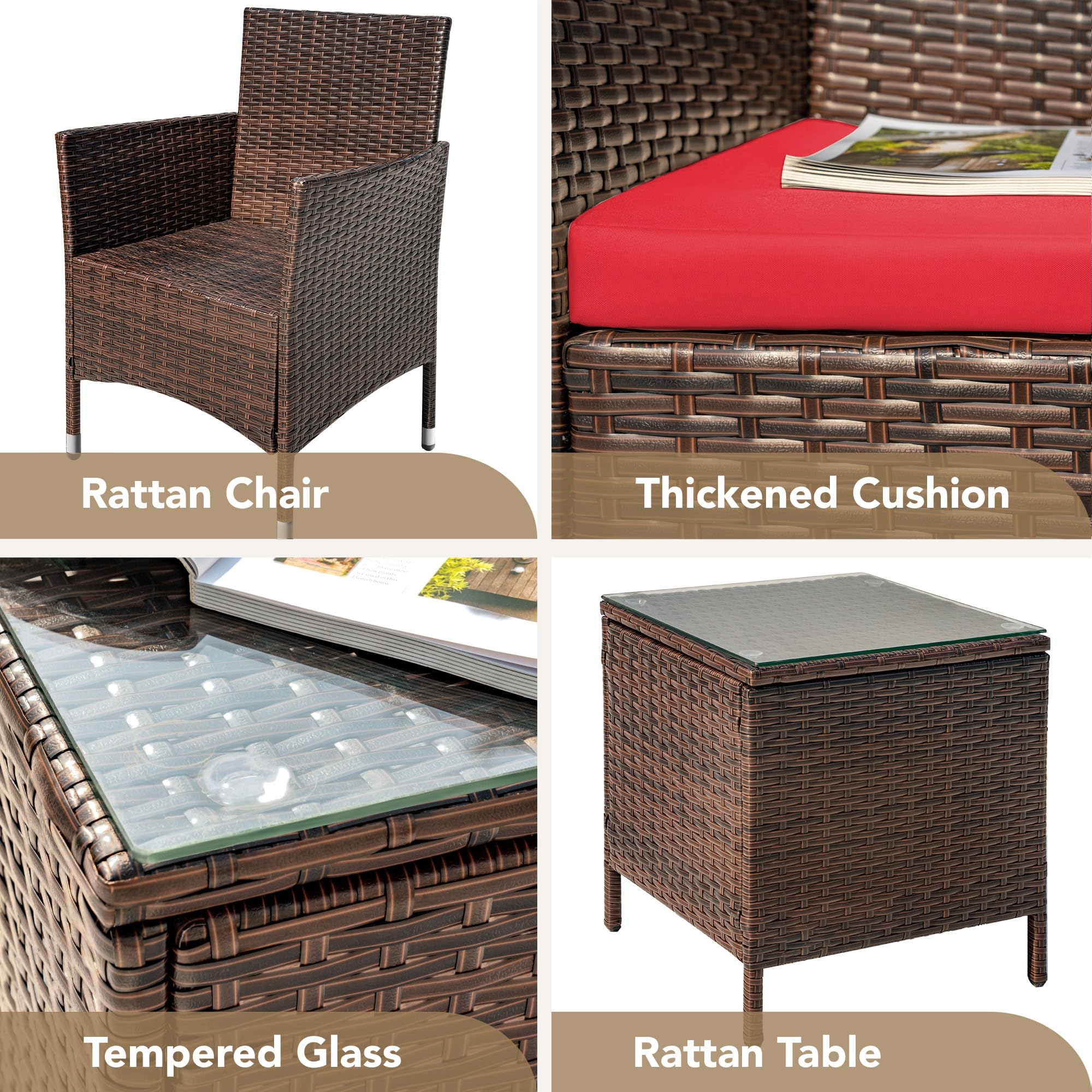 Devoko 3-Piece PE Rattan Wicker Patio Furniture Set - Outdoor Garden Chairs with Table in Brown/Red - Perfect for Porch, Backyard, Poolside & Terrace Relaxation