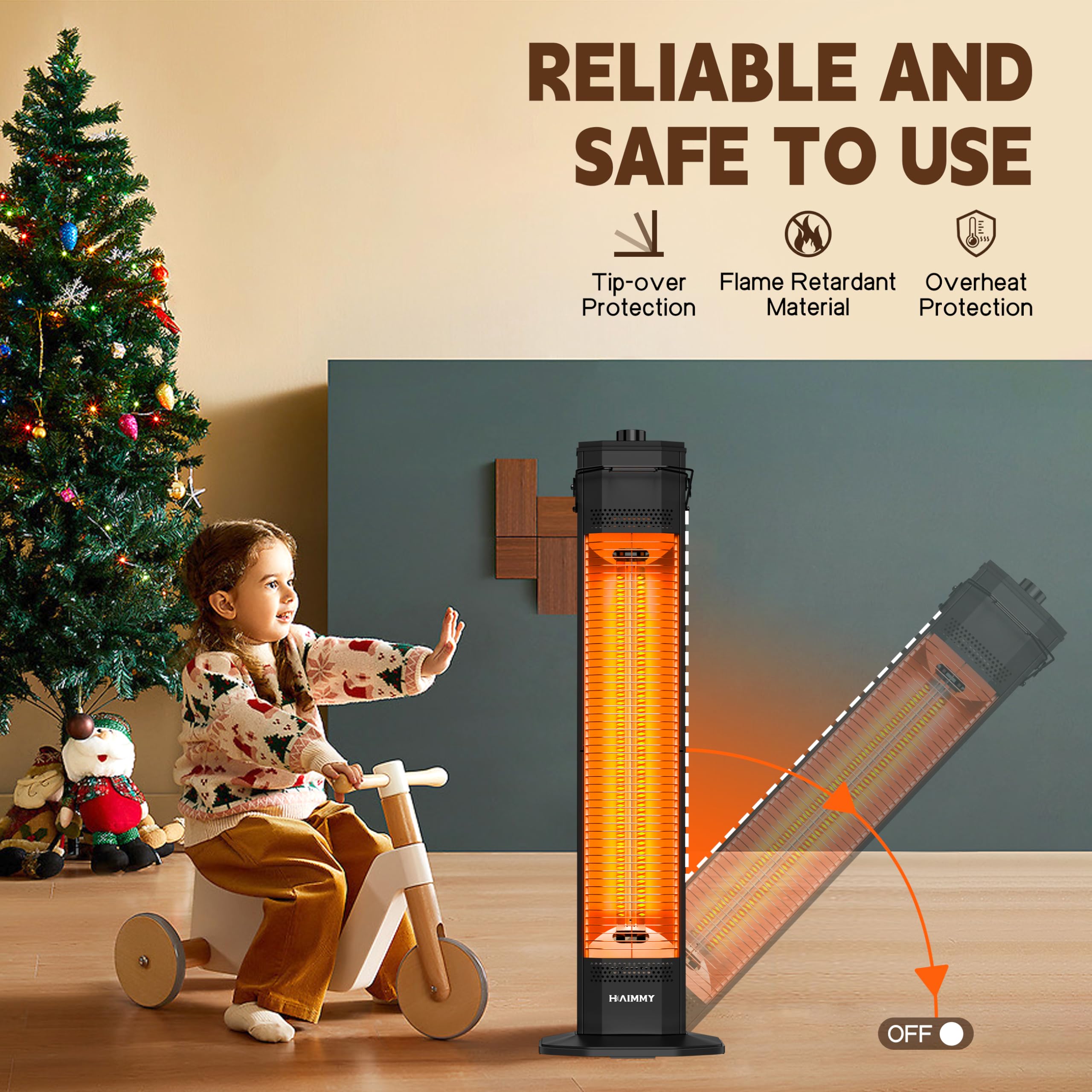 Haimmy 34-inch Outdoor Electric Patio Heater - 1500W Instant Heating with 3 Adjustable Heat Levels, Tip-Over & Overheat Protection, IPX5 Waterproof - Perfect for Backyard, Deck, Garden, and Outdoor Dining Areas