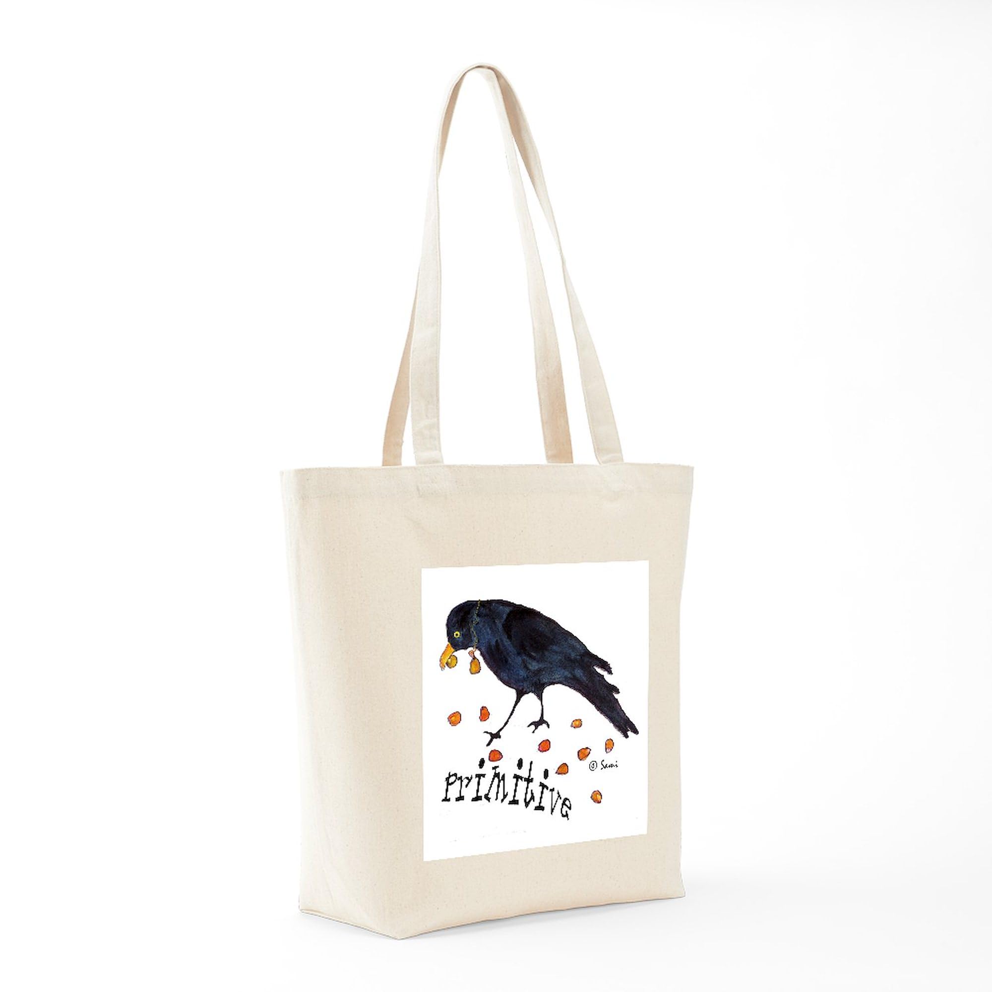 Primitive Crow Tote Bag - Natural Canvas Reusable Shopping Bag for Groceries, Beach & Farmers Market | Eco-Friendly Cotton Tote with Roomy Pockets
