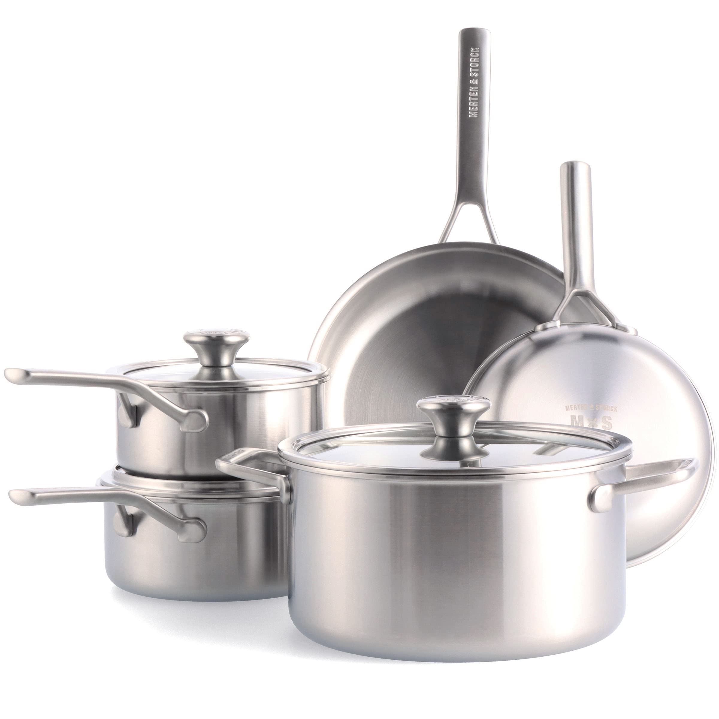 Merten & Storck Tri-Ply Stainless Steel 8-Piece Cookware Set - Professional Pots & Pans with Multi-Clad Construction, Measurement Markings, Drip-Free Pouring Edges & Durable Glass Lids - Induction, Oven & Dishwasher Safe - Perfect for Home Cooking, Restaurant Use & Gift Giving