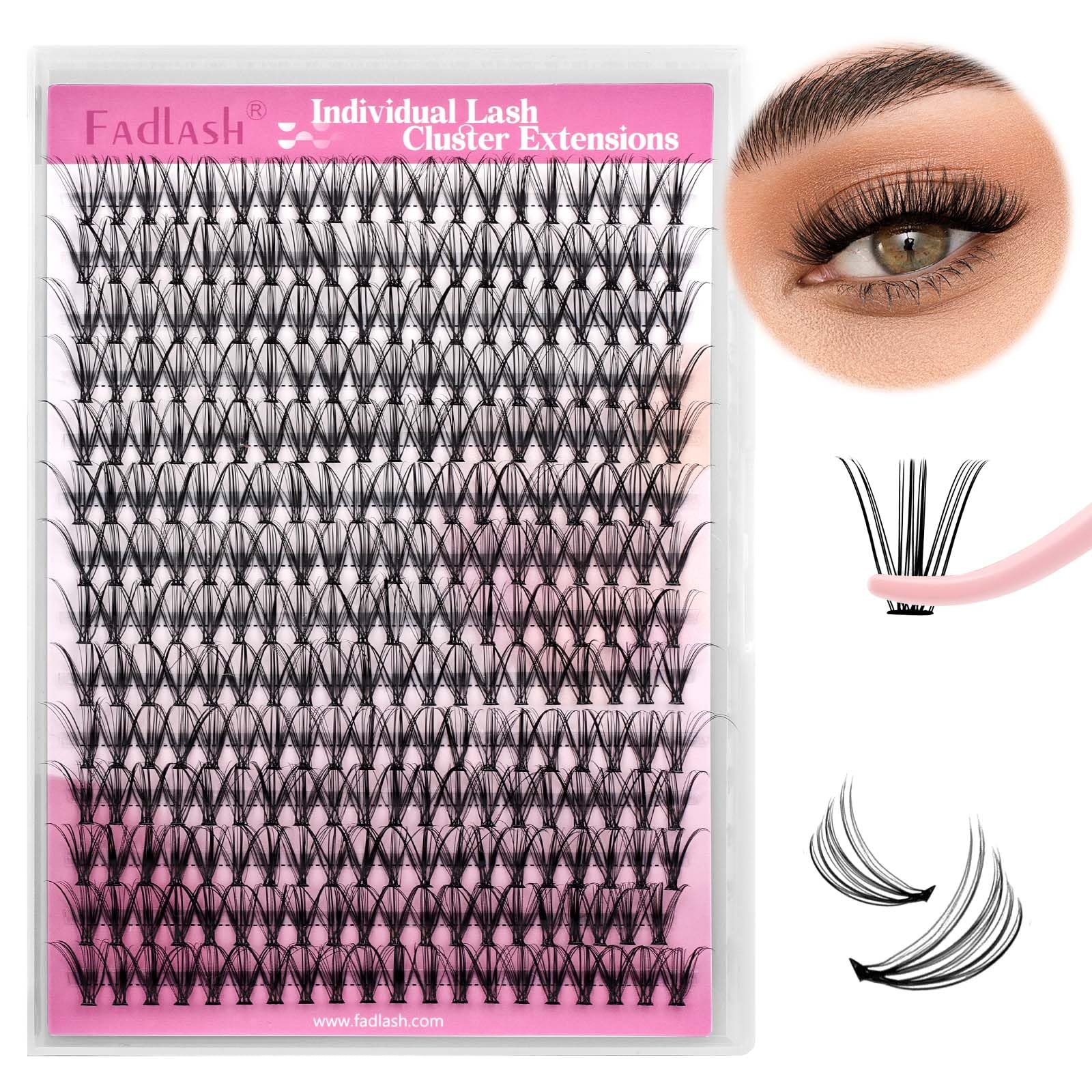 FADLASH 20D D-Curve Faux Mink Eyelash Extensions - Natural Soft 0.07mm Individual Lashes Clusters, 15mm Long Black Volume Lashes (Reusable, Large Tray) for Bridal, Party & Daily Makeup Looks