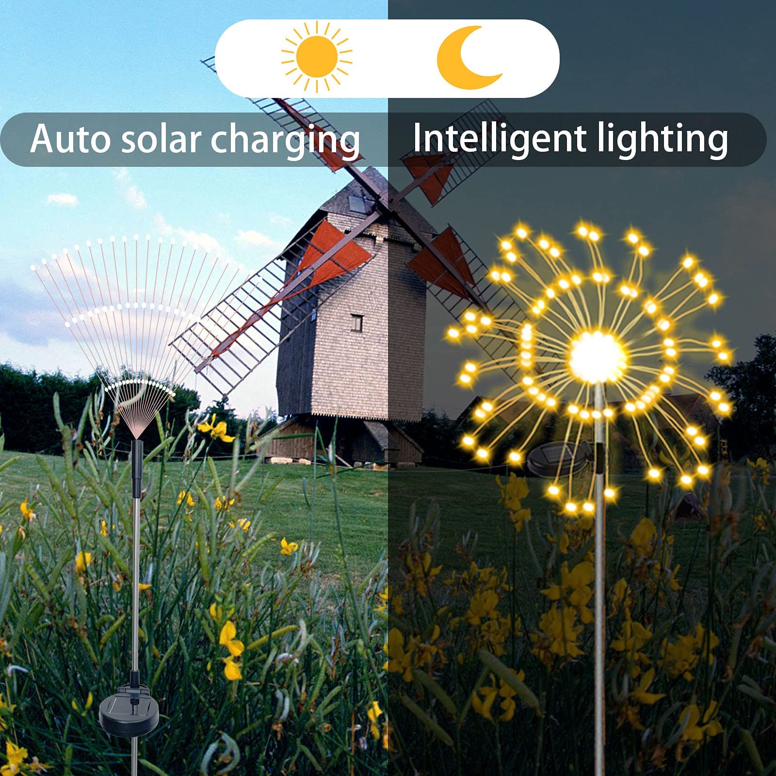XVZ Solar Garden Lights - 2 Pack 120 LED Solar Powered Firework Lights with 2 Modes, Waterproof Outdoor Decorative Lighting for Walkway, Pathway, Backyard, Christmas & Party Decor (Warm White) - Perfect for Landscape Lighting, Patio Ambiance & Holiday Celebrations