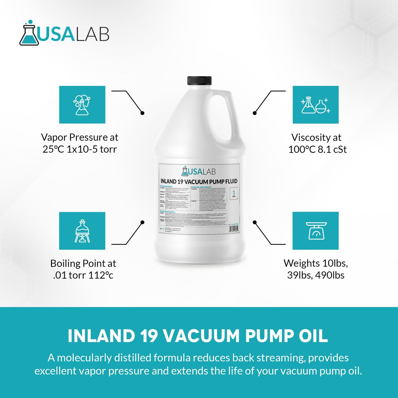 Inland 19 High-Performance Vacuum Pump Oil for Edwards, Welch, Leybold, Agilent - 5 Gallons of Molecularly Distilled Oil for Long Fluid Life & Minimal Backstreaming - Ideal for Laboratory, Industrial, and HVAC Vacuum Systems