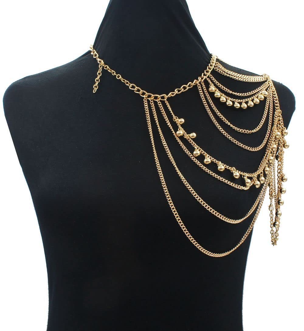 Sexy Gold Beaded Body Chain Jewelry for Women - Layered Shoulder Chains with Tassels | Perfect for Music Festivals, Beach Parties & Boudoir Photography