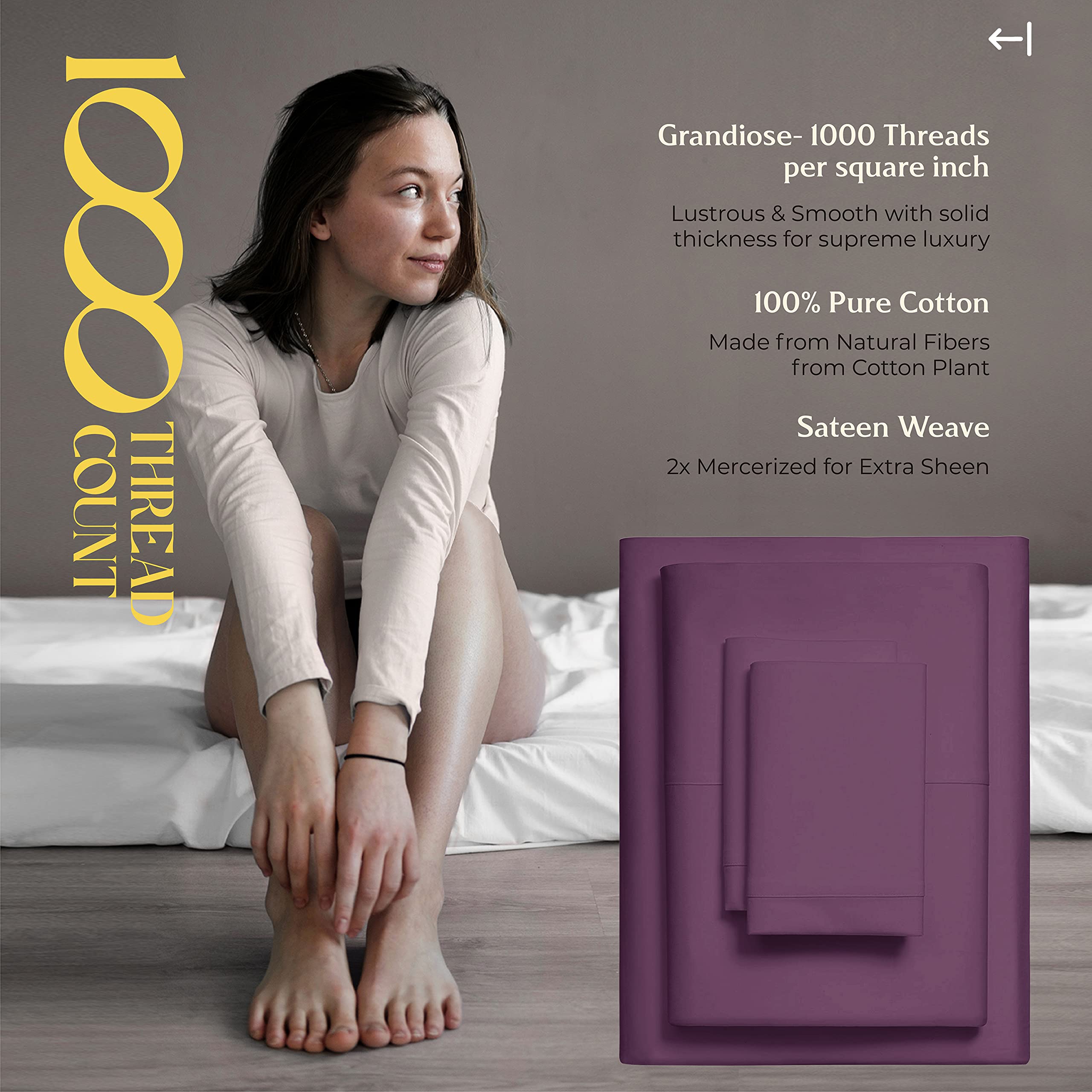 Luxury 100% Egyptian Cotton Sheets Set King Size - 1000 Thread Count 4-Piece Sateen Bedding, Ultra Soft & Breathable Hotel Quality Sheets with 16