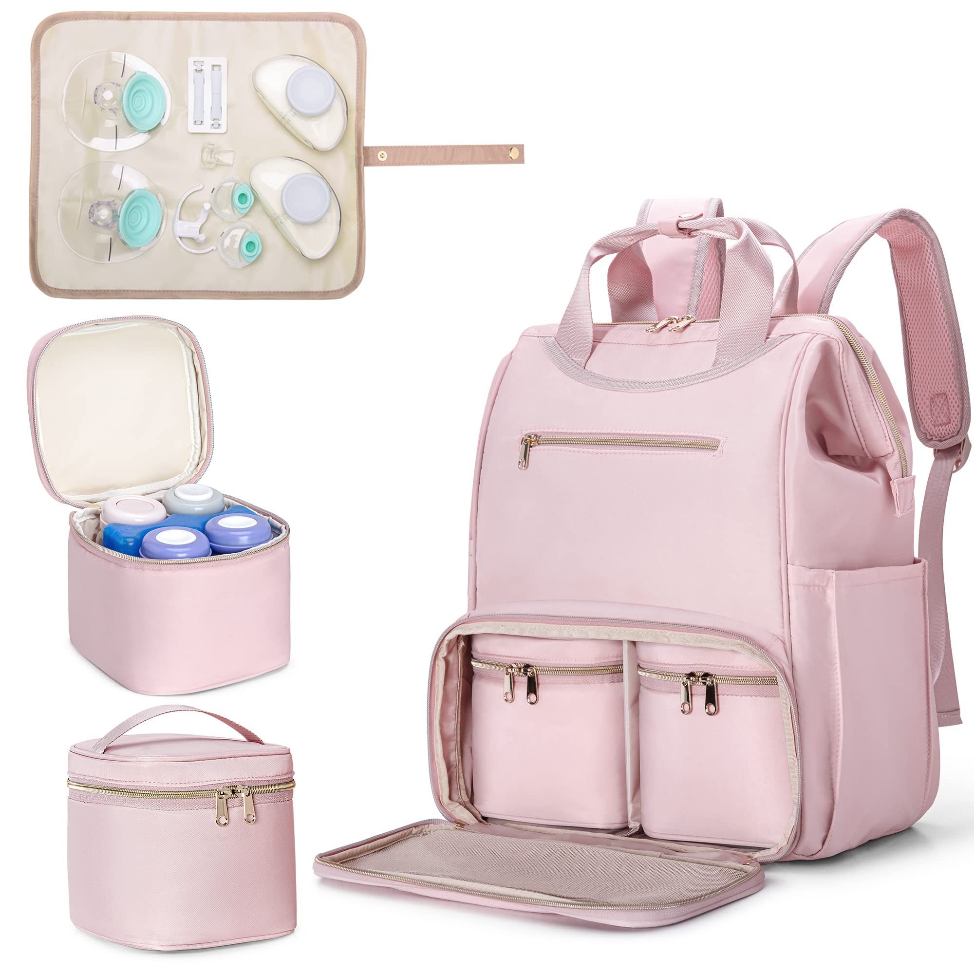 Fasrom Wearable Breast Pump Bag Backpack with Insulated Cooler & Tote - Hands Free Pumping for Momcozy, Medela, Elvie Pumps (Pink, Patent Design) - Perfect for Work, Travel & On-the-Go Nursing Moms