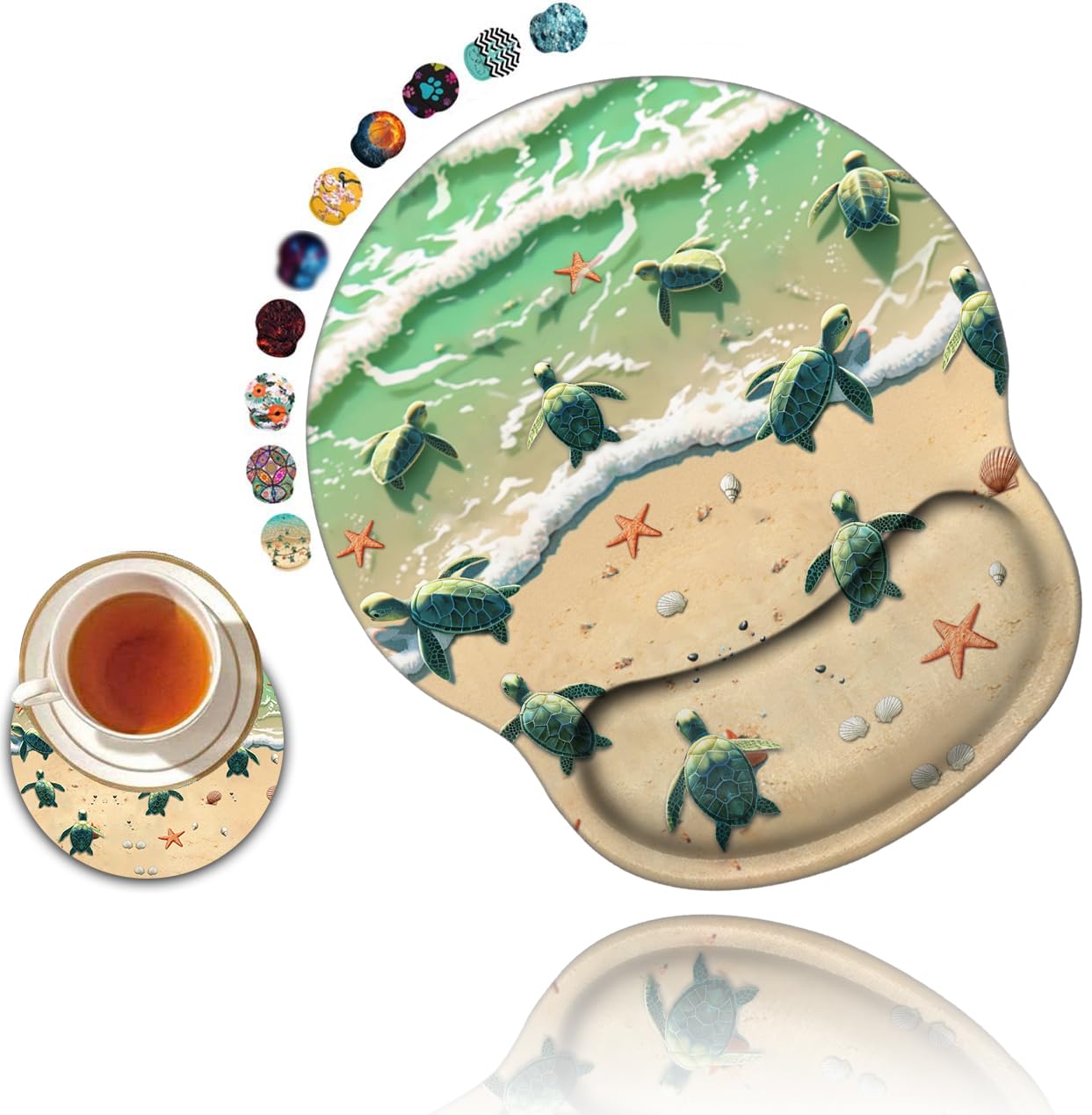 Ergonomic Mouse Pad with Gel Wrist Rest Support - Non-Slip PU Base for Computer, Office & Gaming - Pain Relief Design with Sea Turtles & Starfish Ocean Theme - Includes Cup Coaster for Desk Organization - Perfect for Work, Gaming & Home Office Use