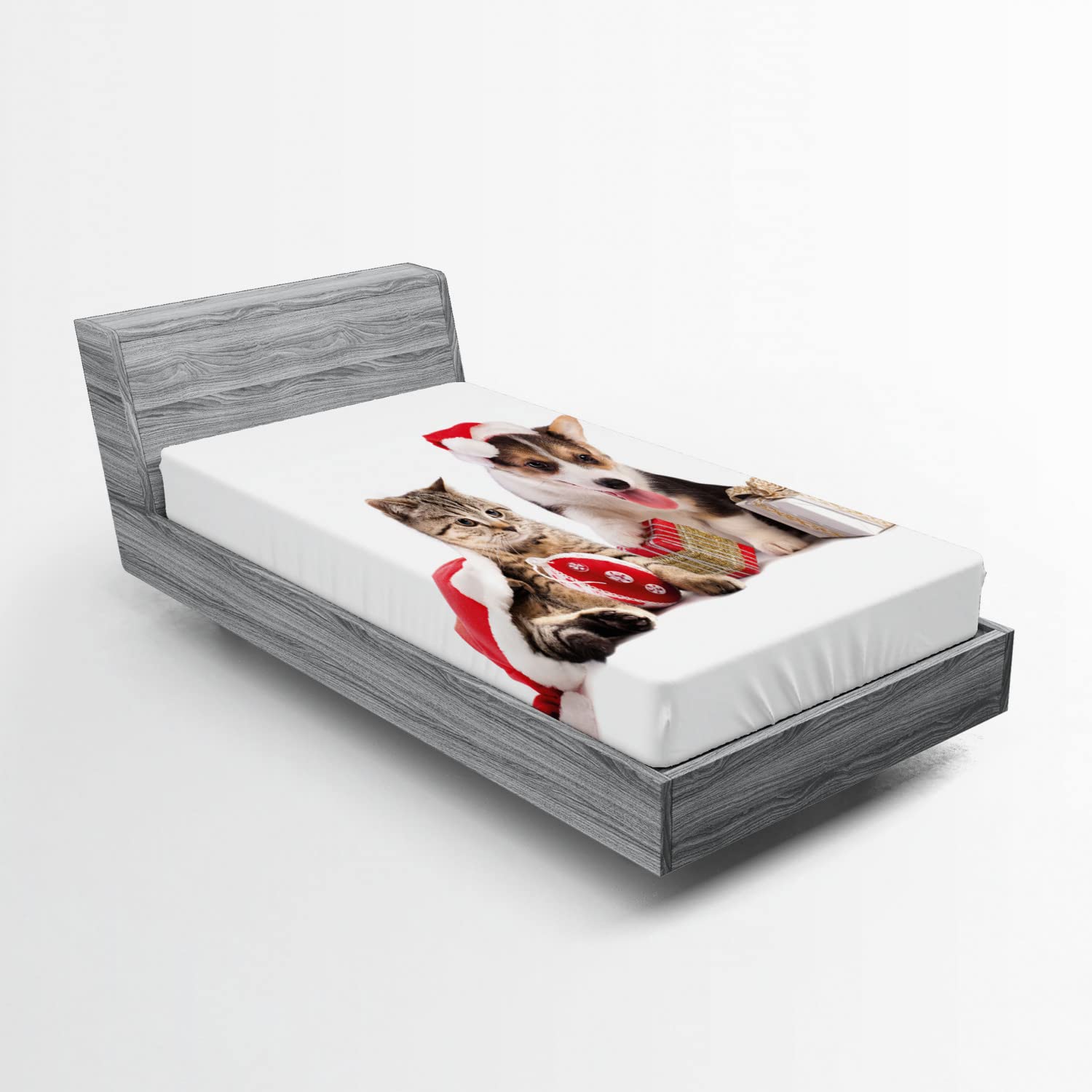 Ambesonne Christmas 2-Pack Fitted Sheets - Dog Cat Holiday Design for Twin Beds
