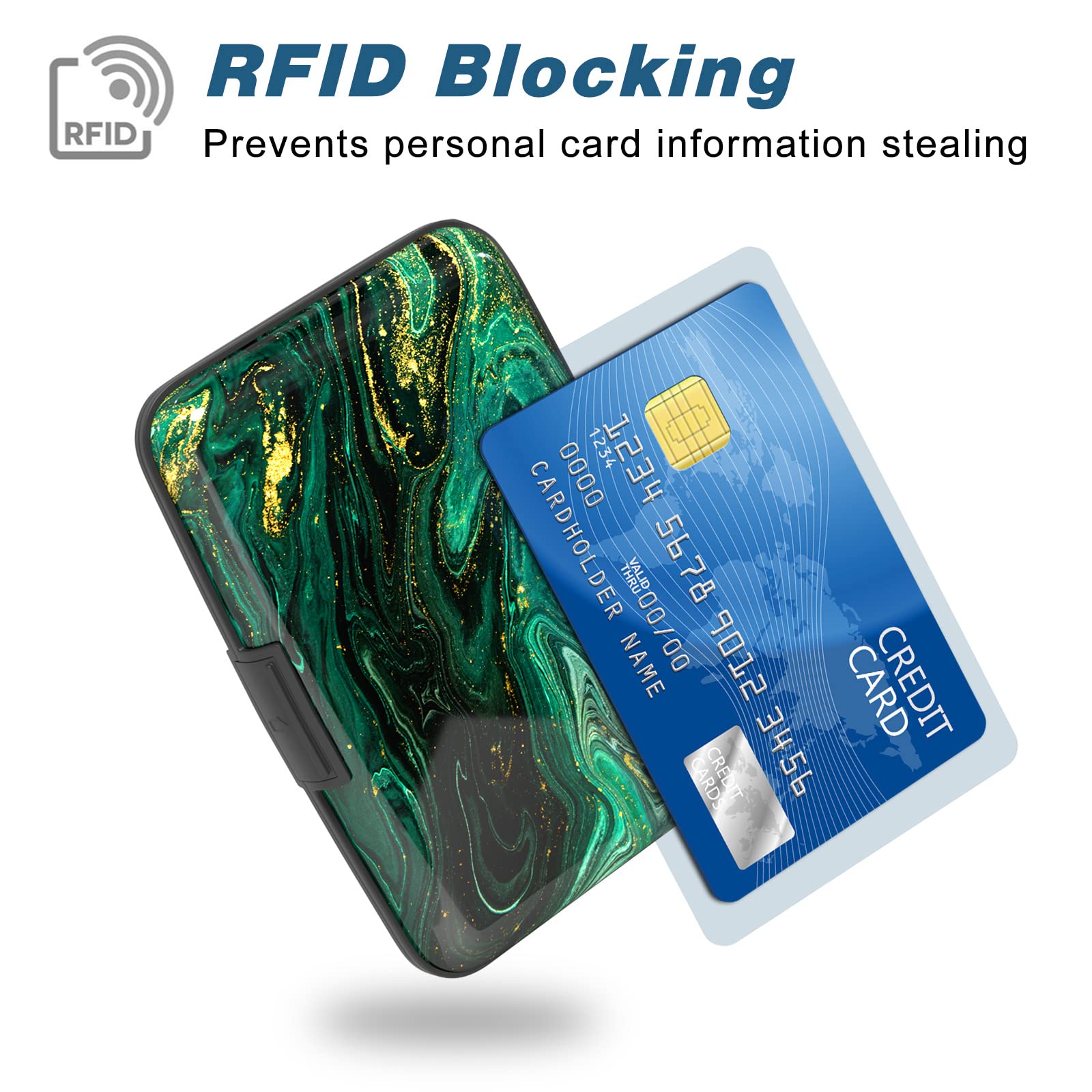 Slim RFID Blocking Aluminum Card Holder - Green Gold Marble for Wallet Protection