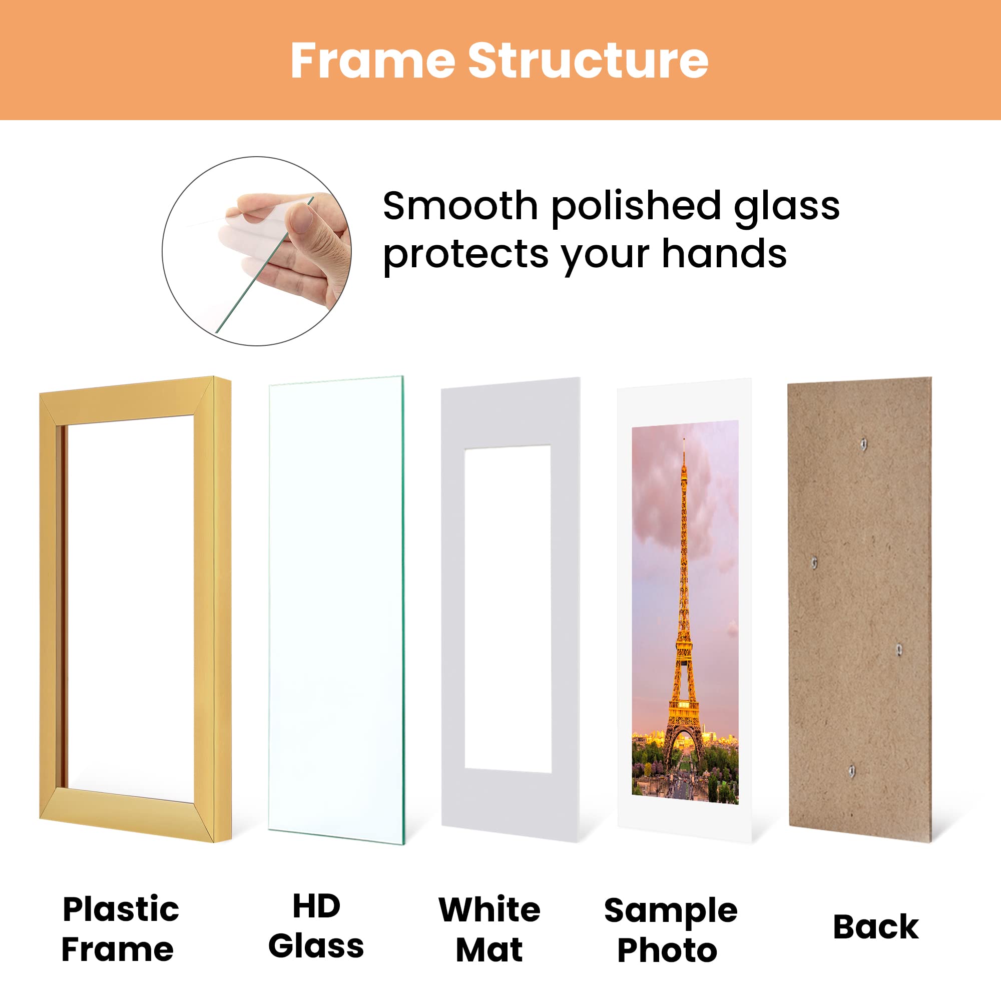 11x14 Glass Picture Frame Set of 3 & Plastic Frame Set of 5 - Gold Wall Photo Frames for Home Decor, Office Display, and Wedding Photos