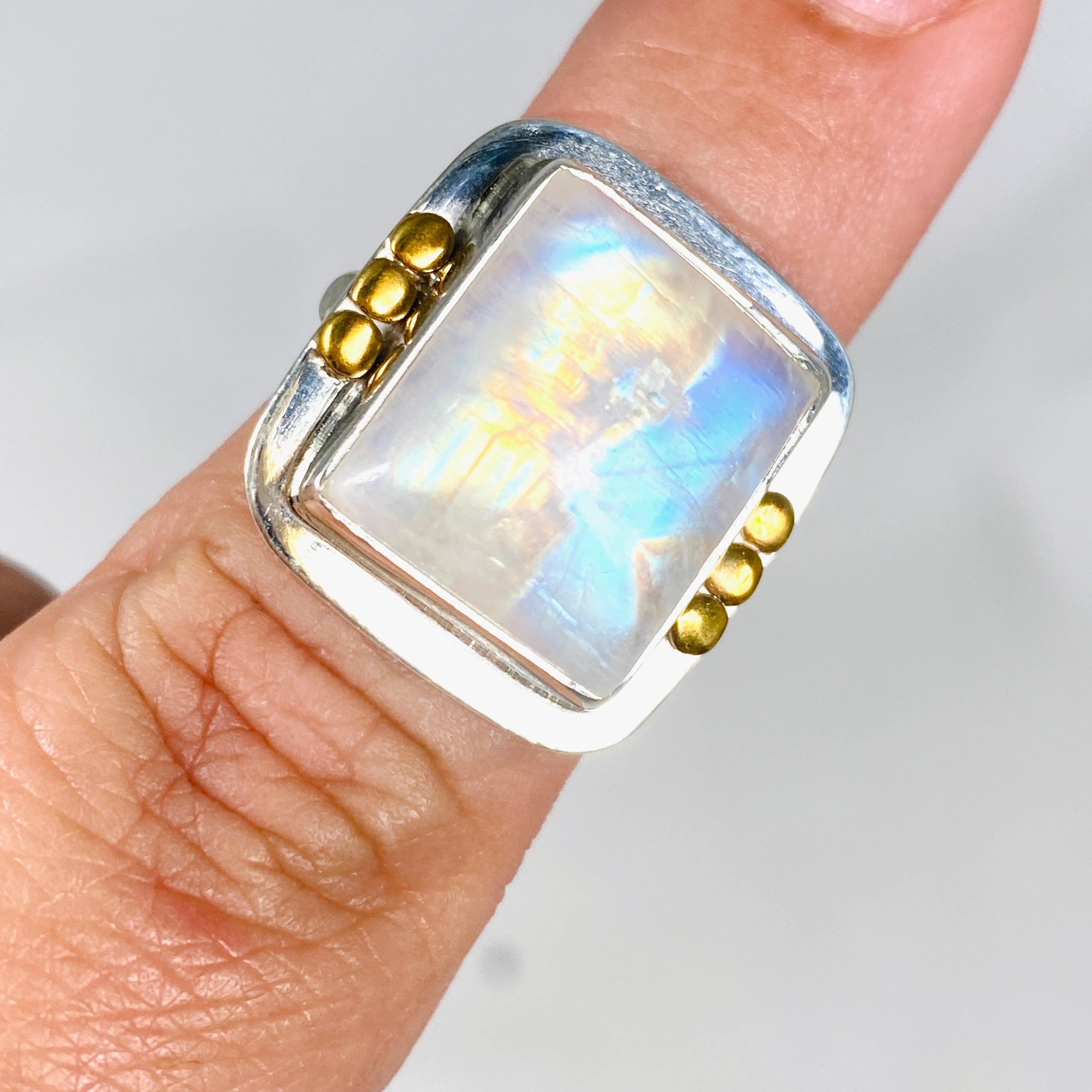 Moonstone Square Ring with Brass Detailing - Size 7 Sterling Silver Jewelry for Women, Elegant Boho Chic Accessory | Perfect for Weddings, Date Nights & Special Occasions