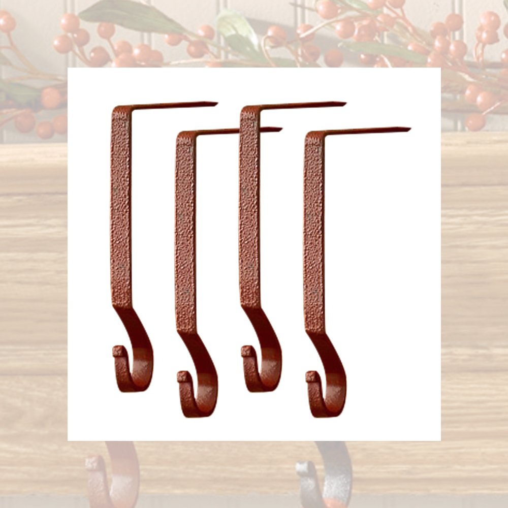 Red Wrought Iron Christmas Stocking Hangers - Set of 4 - Rustic Holiday Mantel Decor for Fireplace, Christmas Tree & Home Décor