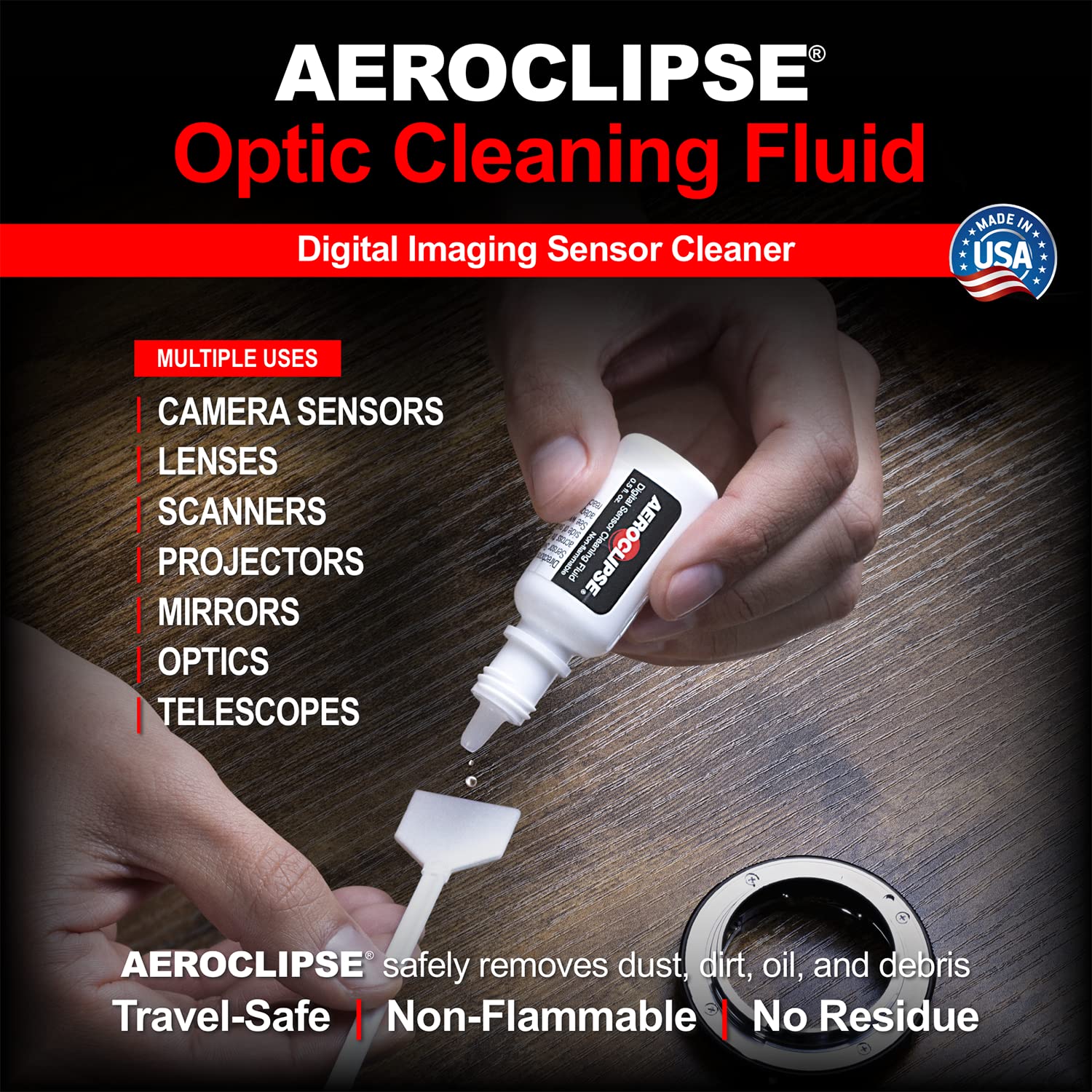 Aeroclipse Optic Cleaning Fluid & PEC-PAD Lint-Free Wipes - Non-Flammable Lens Cleaner for Camera, Telescope & Microscope - Scratch-Free Cleaning Solution for Sensitive Glass Surfaces - 15ml Dropper Bottle with Microfiber Wipes - Perfect for Optics, Eyeglasses & Electronics Maintenance
