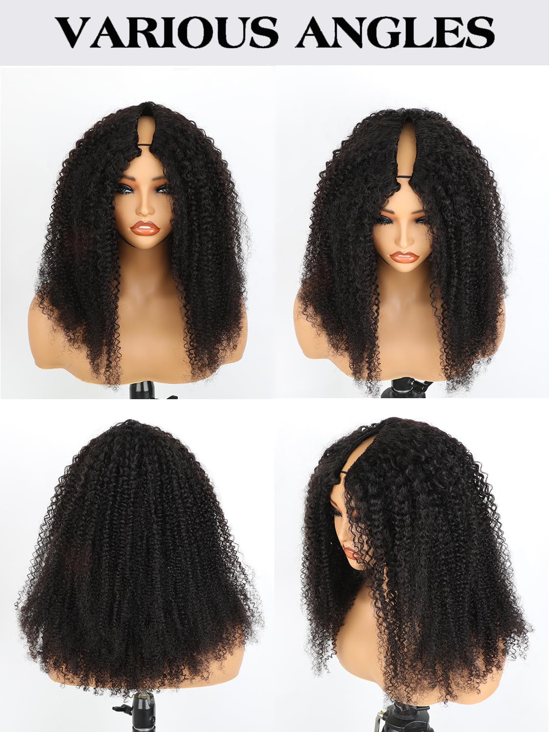 ISEE V Part Human Hair Afro Curly Glueless Clip-In Half Wig for Black Women - 180% Density Kinky Curly Thin Part U Part Wig 16 Inch Natural Color | Perfect for Daily Wear, Special Occasions & Protective Styling