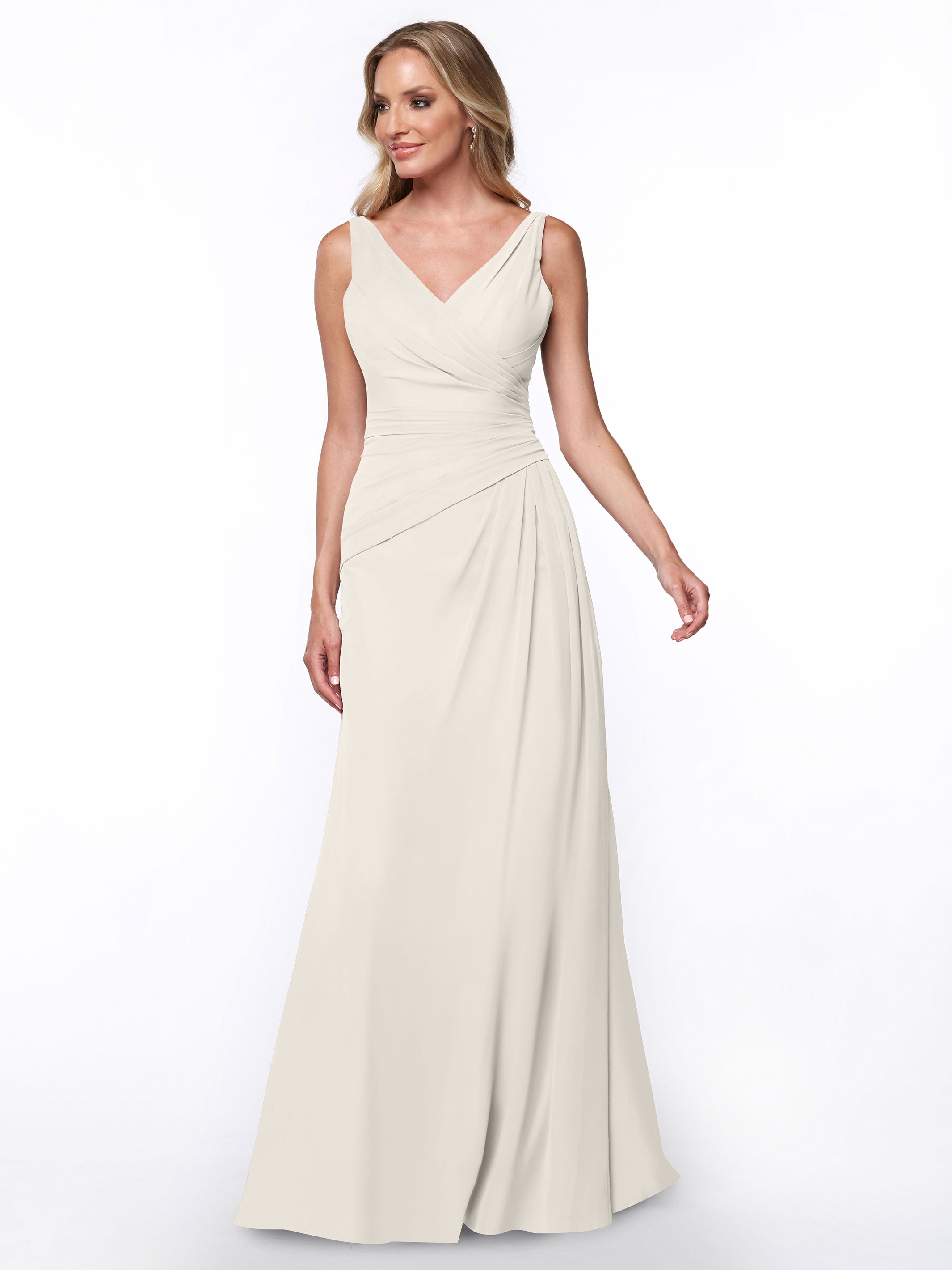 Elegant 80030 Chiffon Sheath Bridesmaid Dress with Ruching V-Neck Bodice - Perfect for Weddings, Formal Events & Special Occasions