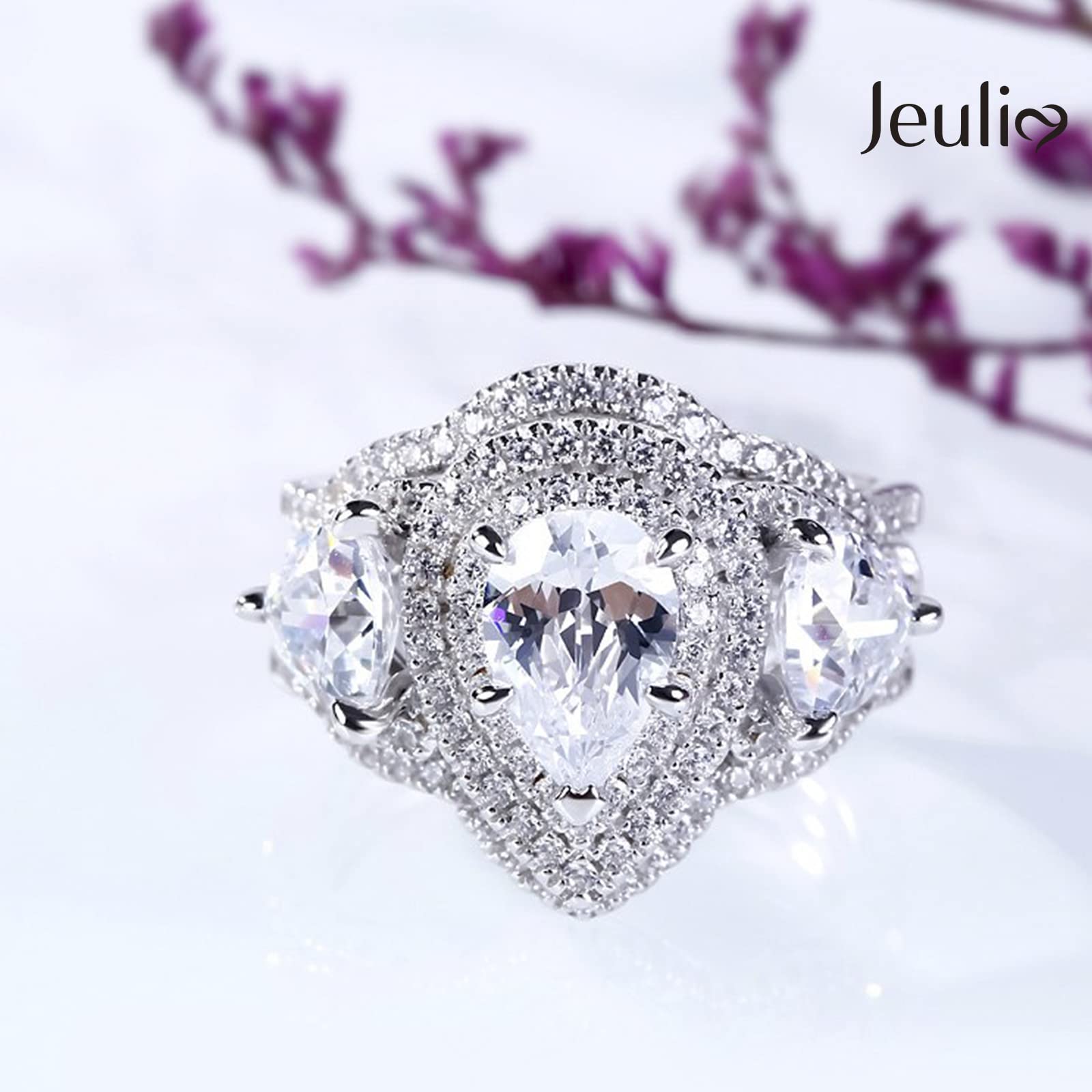 Jeulia 2.5ct Oval Double Halo Engagement Ring Set - Sterling Silver Cubic Zirconia Wedding Band with Simulated Diamond Side Stones - Perfect Proposal Gift for Her, Anniversary & Bridal Jewelry (Ideal for Engagement Parties, Wedding Ceremonies & Romantic Surprises)