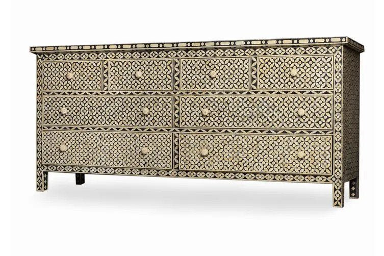 Handmade Bone Inlay Large Chest of Drawers - 8 Drawer Vintage Dresser with Intricate Design | Perfect for Bedroom Storage, Living Room Decor & Luxury Home Furniture