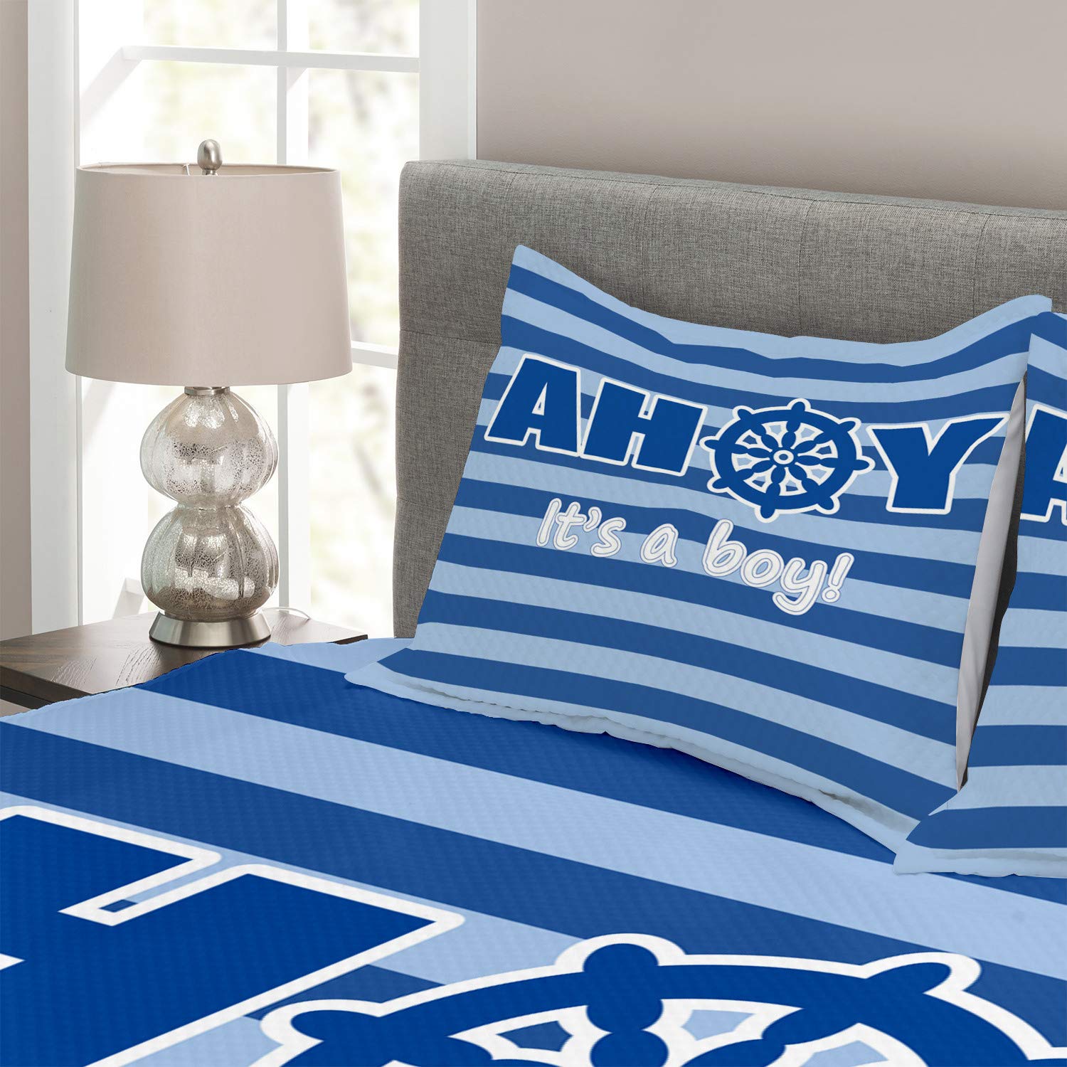 Ambesonne Gender Reveal Party Bedspread Set - Modern Marine Wheel Striped Design, 3-Piece Decorative Bedding with Coverlet & 2 Pillow Shams, King Size in Pale Blue & White | Perfect for Baby Shower Decorations & Nursery Room Styling