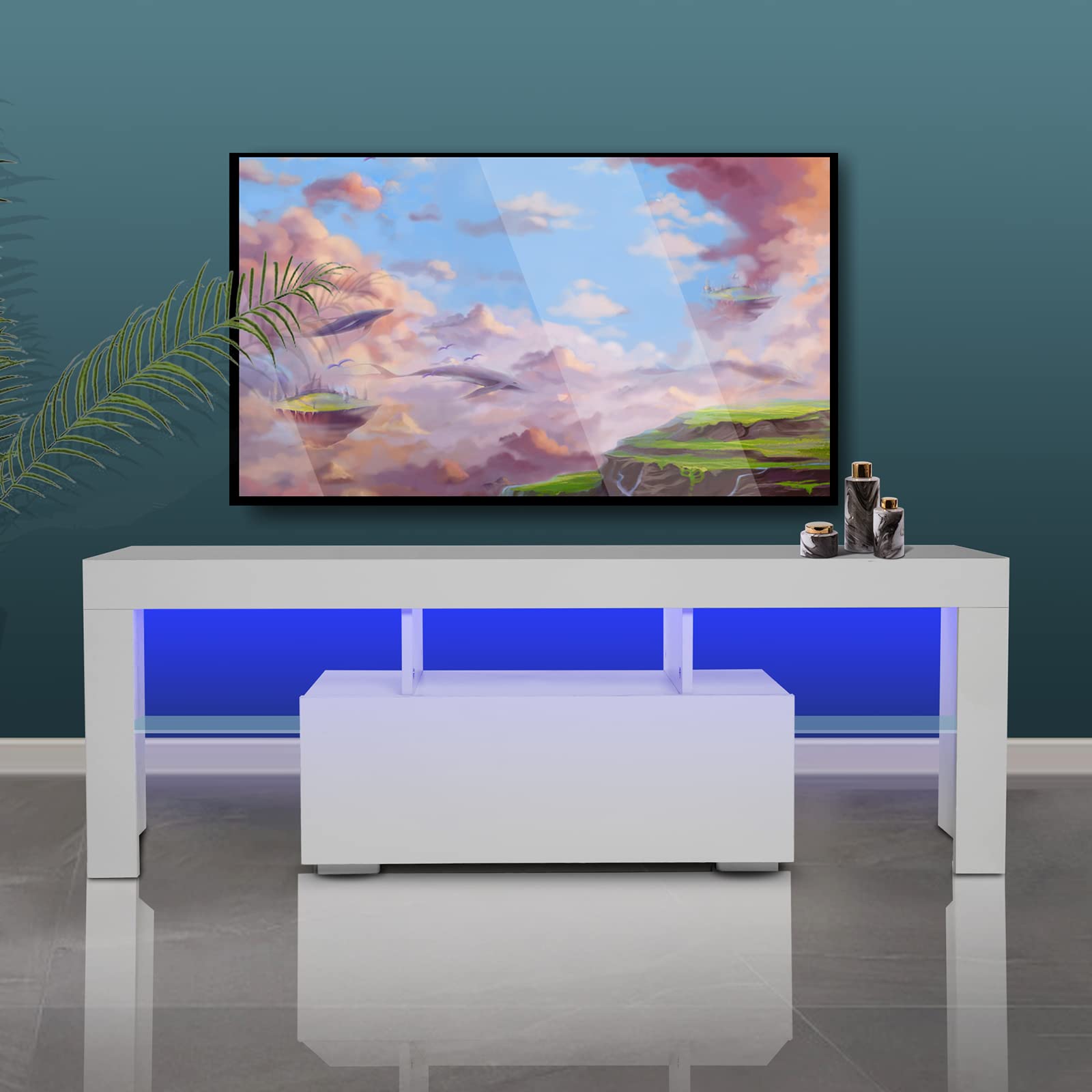 Modern White TV Stand with LED Lights for 55 Inch TVs - Entertainment Center with Drawer & Shelves, Media Console Table for Gaming & Living Room Bedroom (51.2