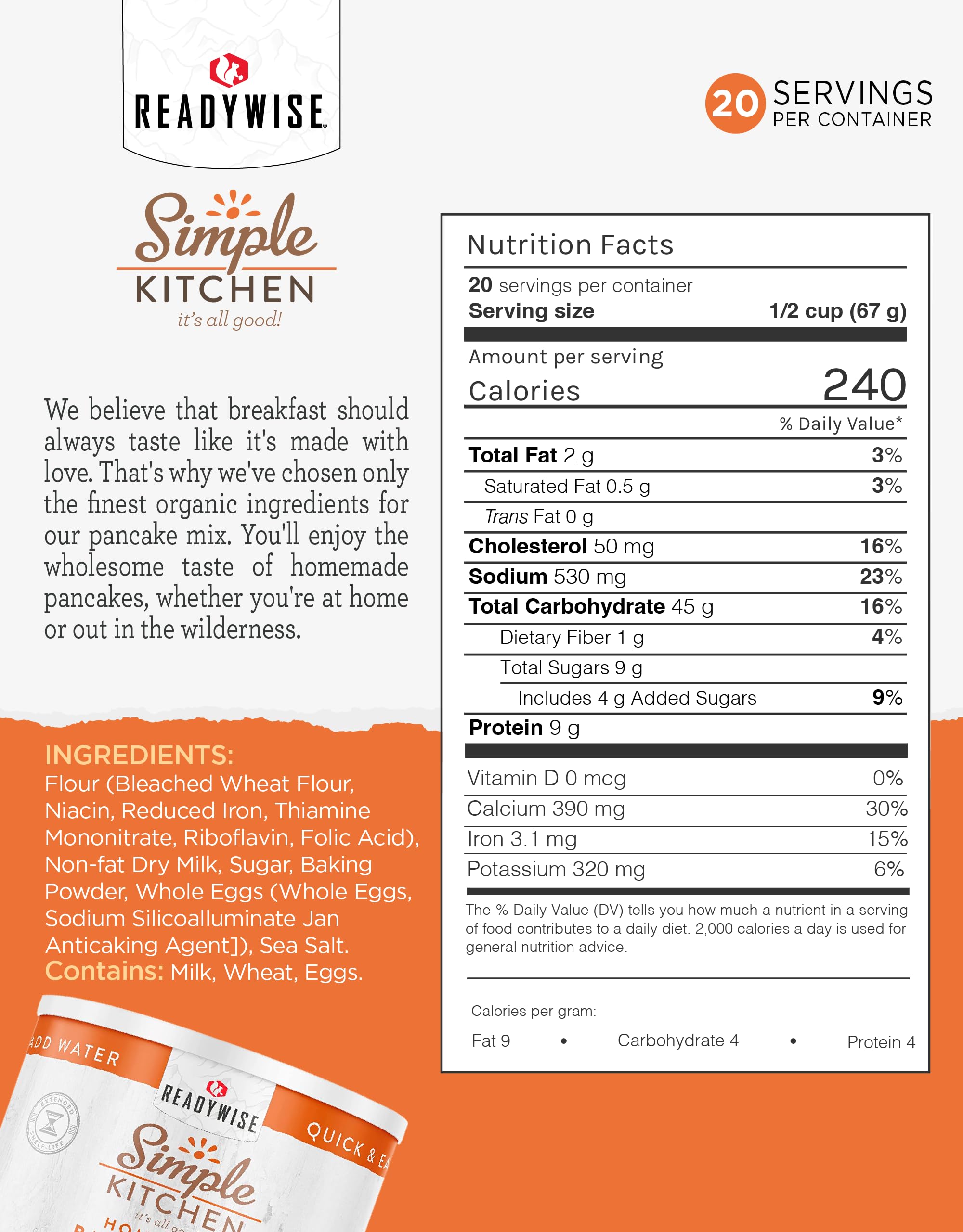 READYWISE Simple Kitchen Pancake Mix - 20 Servings, Emergency Food Supply, Survival Food, Baking Essentials for Breakfast (Pancakes & Waffles) | Perfect for Camping, Emergency Preparedness & Quick Morning Meals