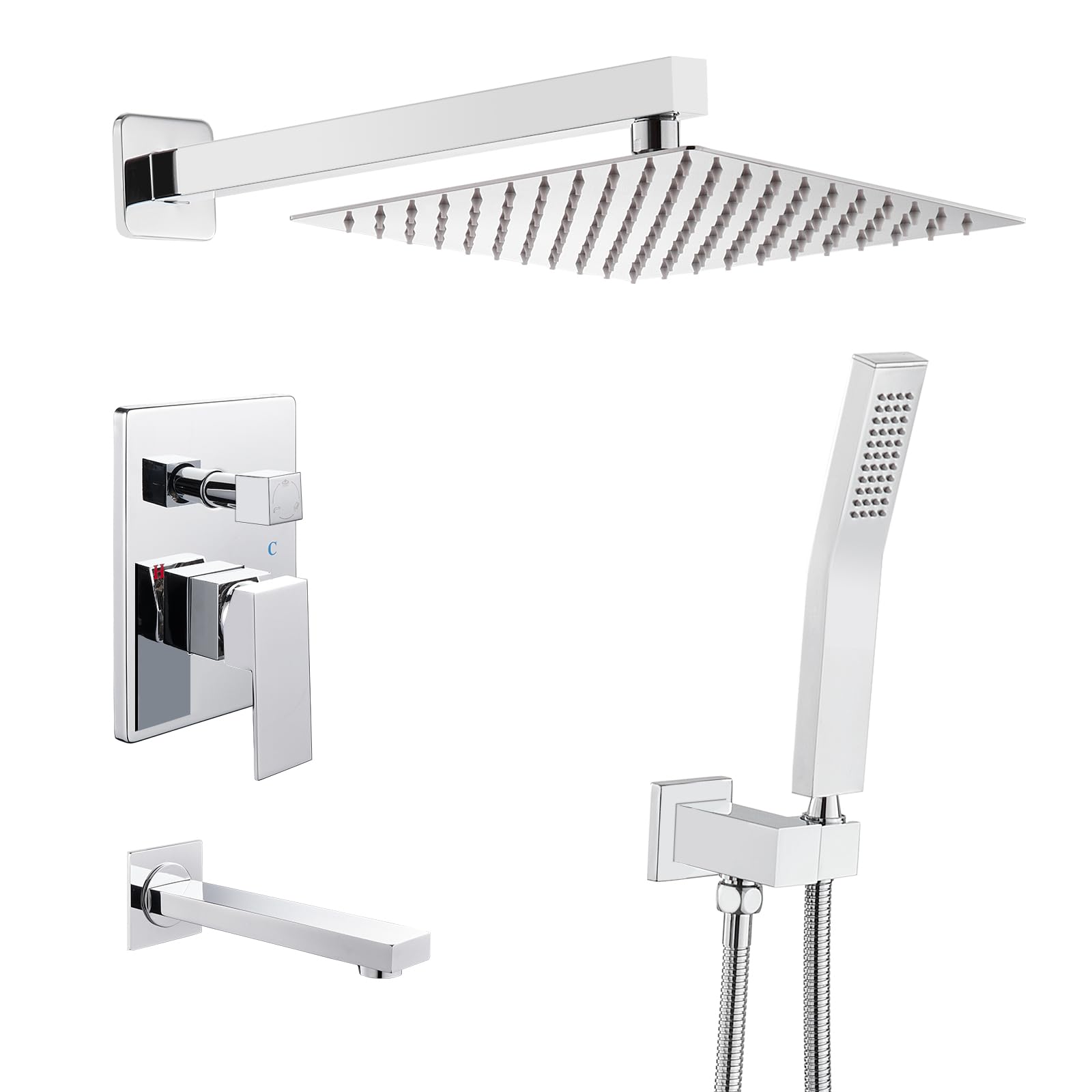 ROVATE 10 Inch 3-Function Shower Faucet Set with Tub Spout - High Pressure Rainfall Shower Head & Handheld Spray - Chrome Bathroom Shower System with Rough-in Valve - Perfect for Modern Bathrooms & Spa-Like Experience