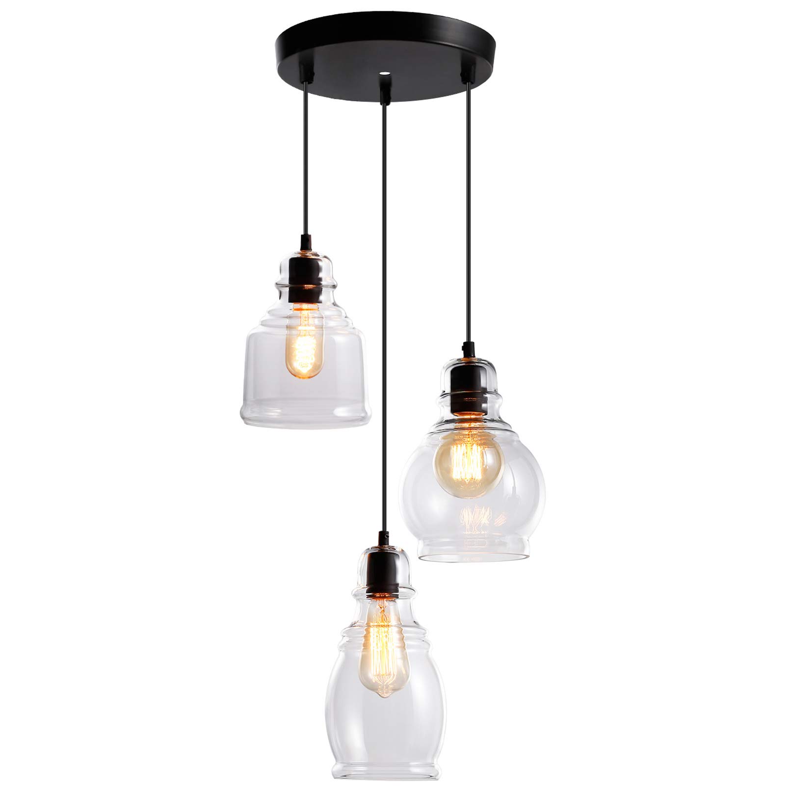 ESCENA 3-Light Glass Pendant Lighting Fixture - Adjustable Cluster Chandelier with Clear Glass Shades, UL Listed, E26 Base - Perfect for Kitchen Island, Dining Room, Bar, Cafe, and Modern Home Decor