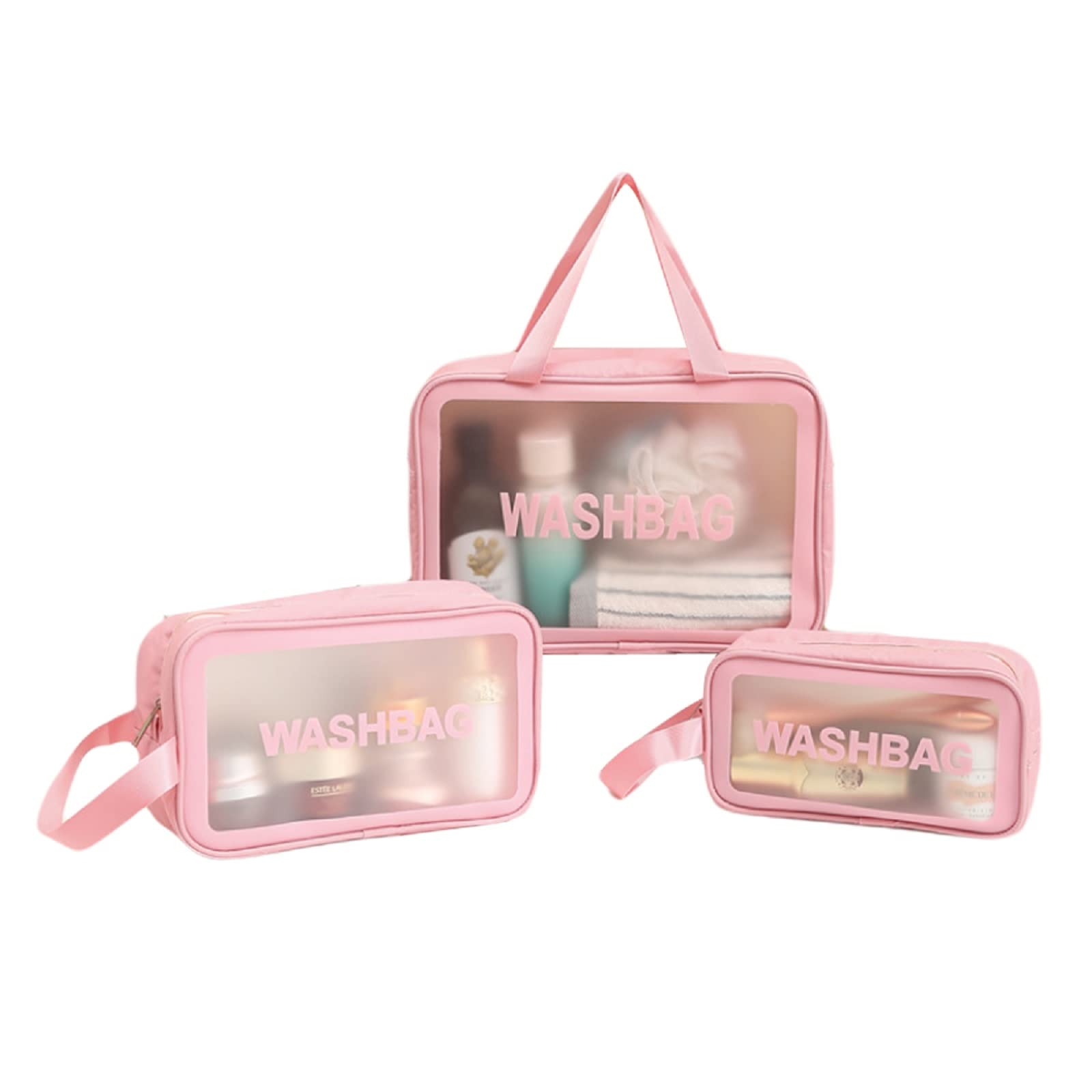 3Pcs Clear Travel Toiletry Bags - Waterproof PVC Cosmetic Organizer for Women & Men (Pink) - Perfect for Airports & Gym