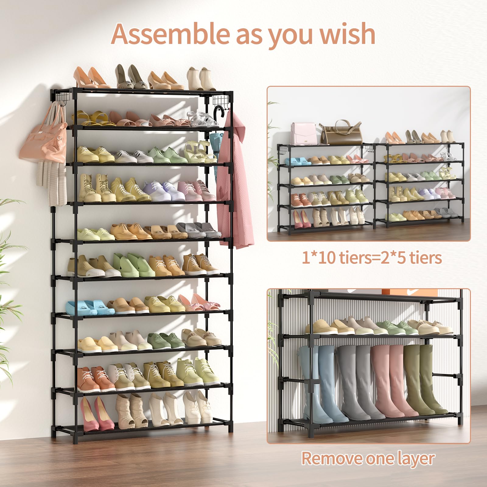 10-Tier Metal Shoe Rack Organizer - Holds 50 Pairs, Space-Saving Sturdy Shoe Storage with Hooks for Closet, Entryway & Bedroom - Perfect for Organizing Sneakers, Boots & Heels (Black)
