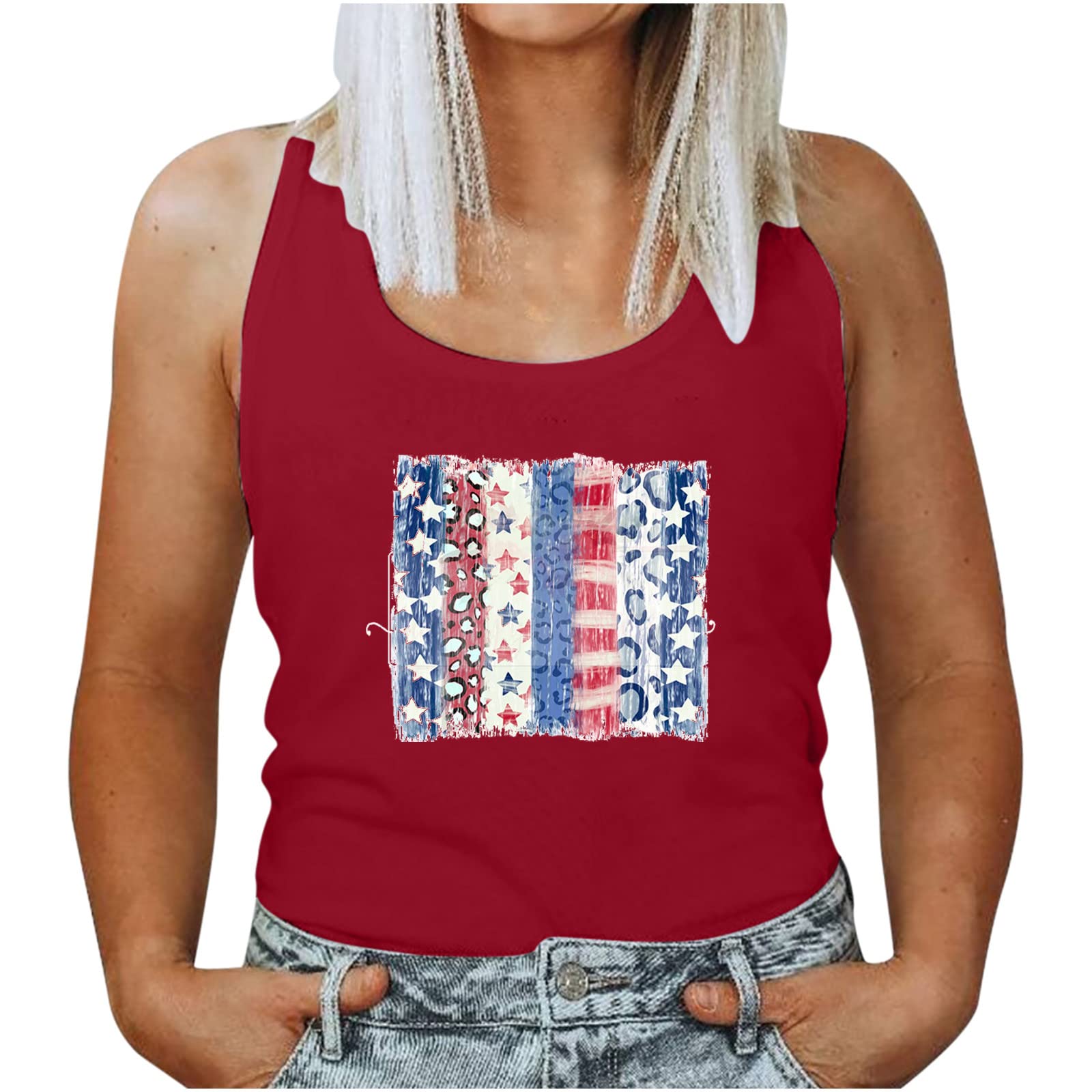 Ruziyoog Women's American Flag Patriotic Stars & Stripes Tank Tops - Sleeveless Summer Casual Yoga Workout Tees for Gym, Beach & Outdoor Activities