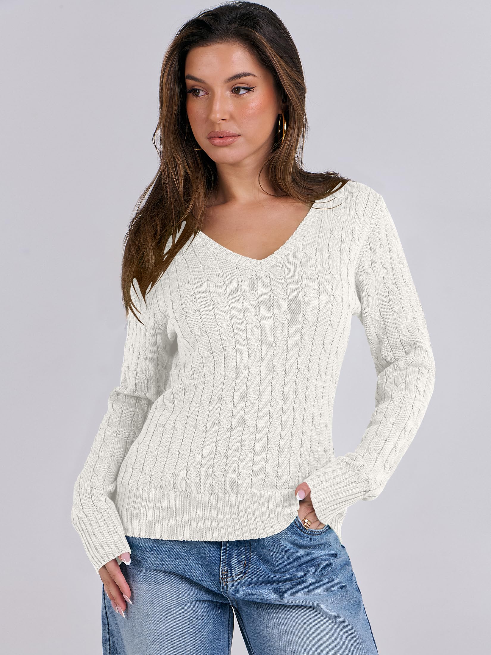 ANRABESS Women's Long Sleeve V Neck Cable Knit Sweater - Soft Pullover Top for Spring 2025 | Cute Casual & Dressy Outfits | Perfect for Office, Date Night and Weekend Wear