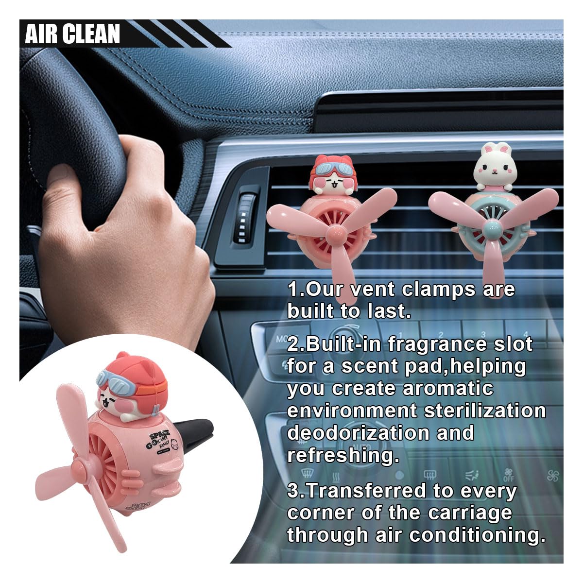 Cute Pilot Cat Car Air Freshener - Rotating Propeller Vent Clip Diffuser for Car AC Vent | Creative Automotive Air Outlet Fan & Perfume Accessory - Perfect for Car Interior Decoration & Gift Giving