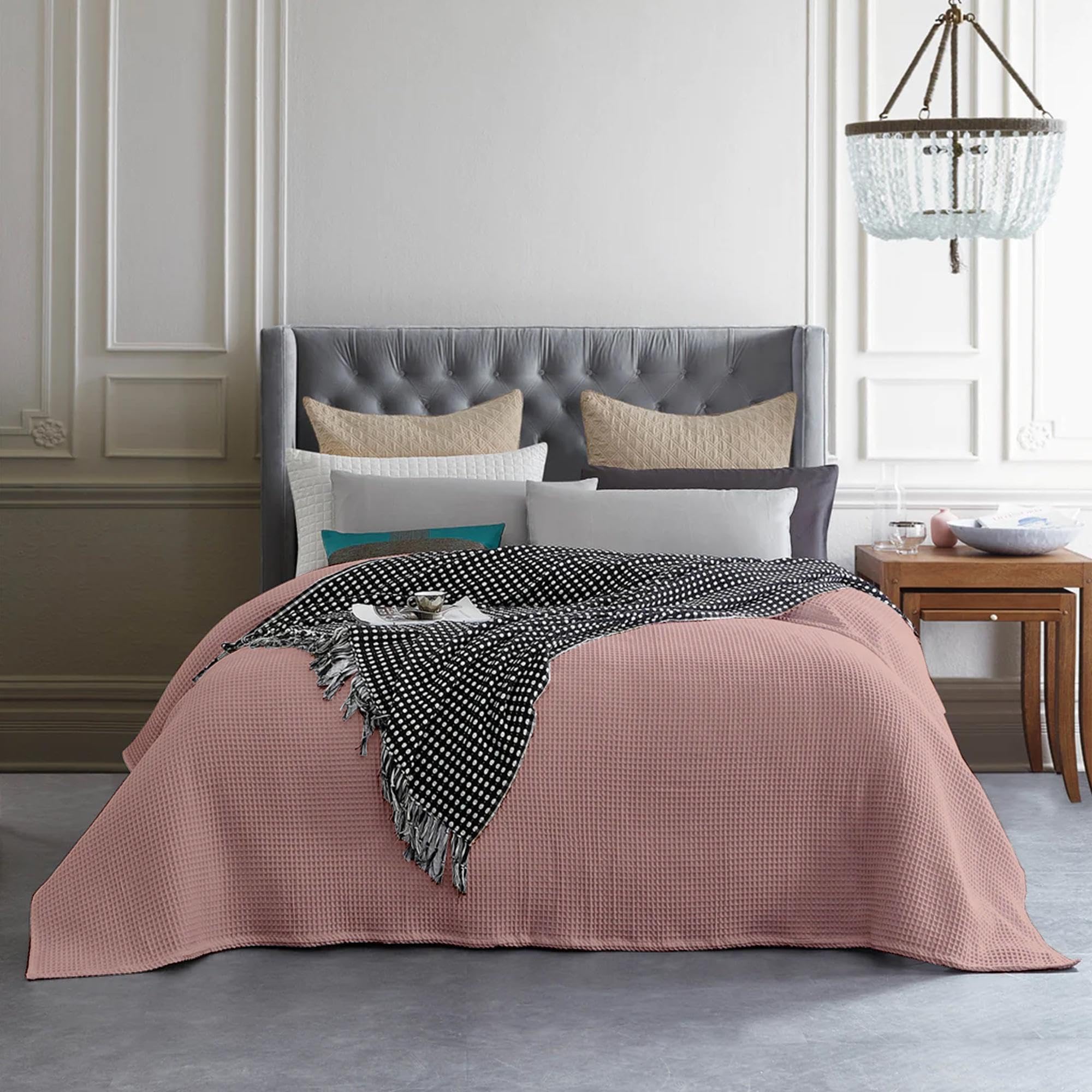 100% Cotton Waffle Weave Blanket - Ultra Soft Lightweight Thermal Throw Blanket for Bed, Couch & Travel (Blush Pink, King Size) - Perfect for Cozy Nights, Lounging and Gift Giving