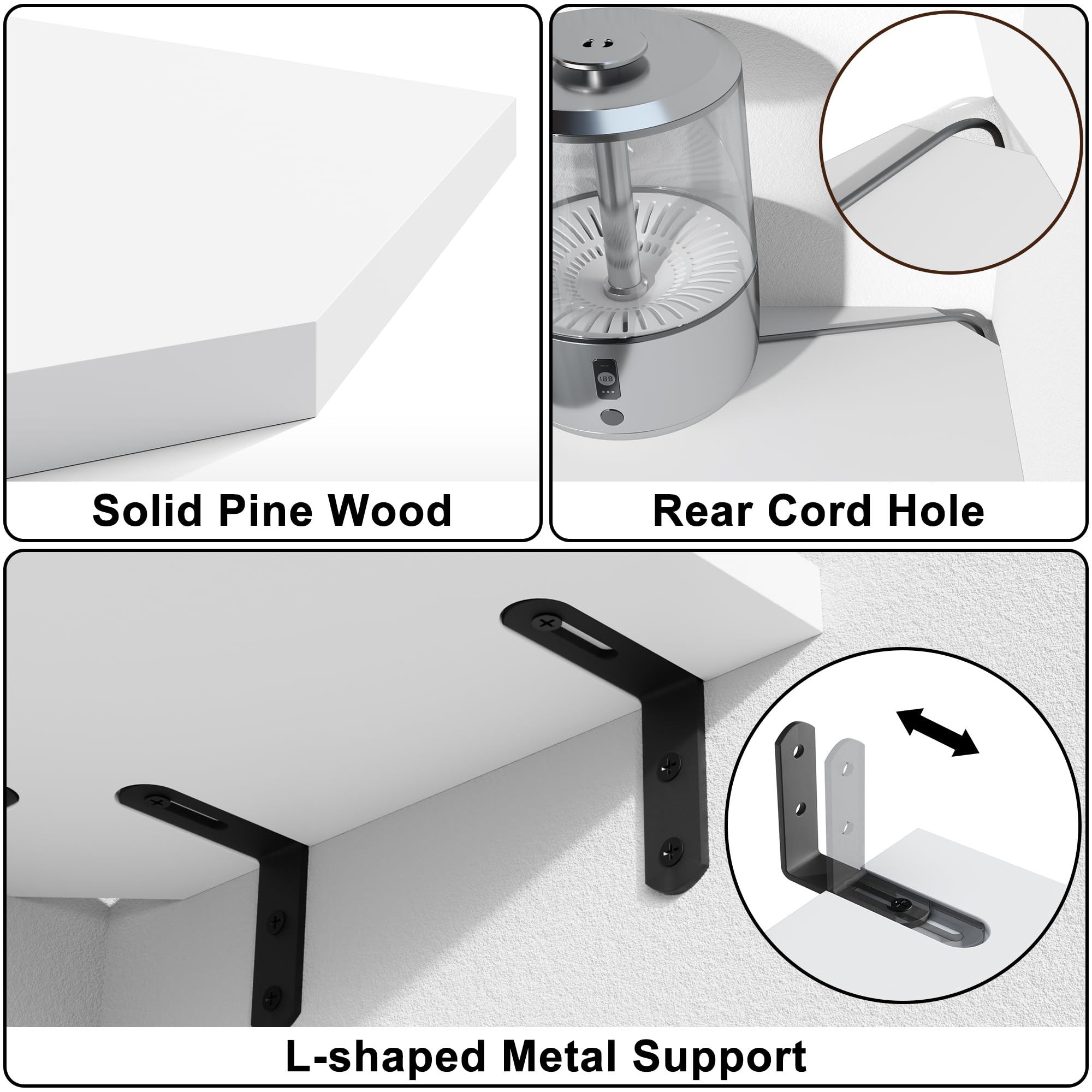 Alsonerbay 3-Piece Corner Wall Shelf Set - Solid Wood Floating Shelves with Cable Hole for TV Accessories, Speakers & Game Consoles - Perfect for Bedroom, Living Room & Bathroom Organization (White)