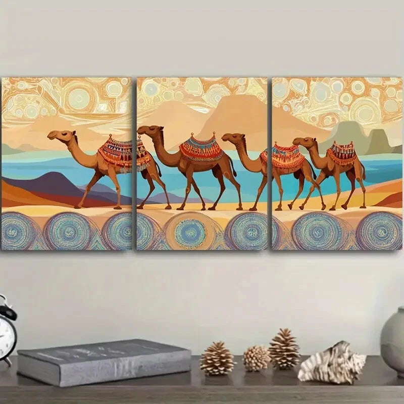 3-Piece Desert Sunset Wall Art - Metal Print with Camels & Dunes, Ready to Hang - Perfect for Living Room, Bedroom & Office Decor