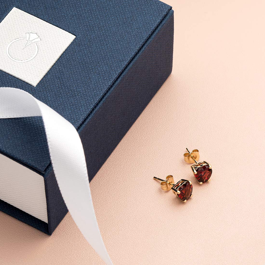 Peora 14K Yellow Gold Genuine Garnet Heart Stud Earrings for Women - 6mm Hypoallergenic Solitaire Studs, 1.75 Carats Total, Friction Back - Perfect for Valentine's Day Gifts, Anniversary Presents & Everyday Elegant Jewelry