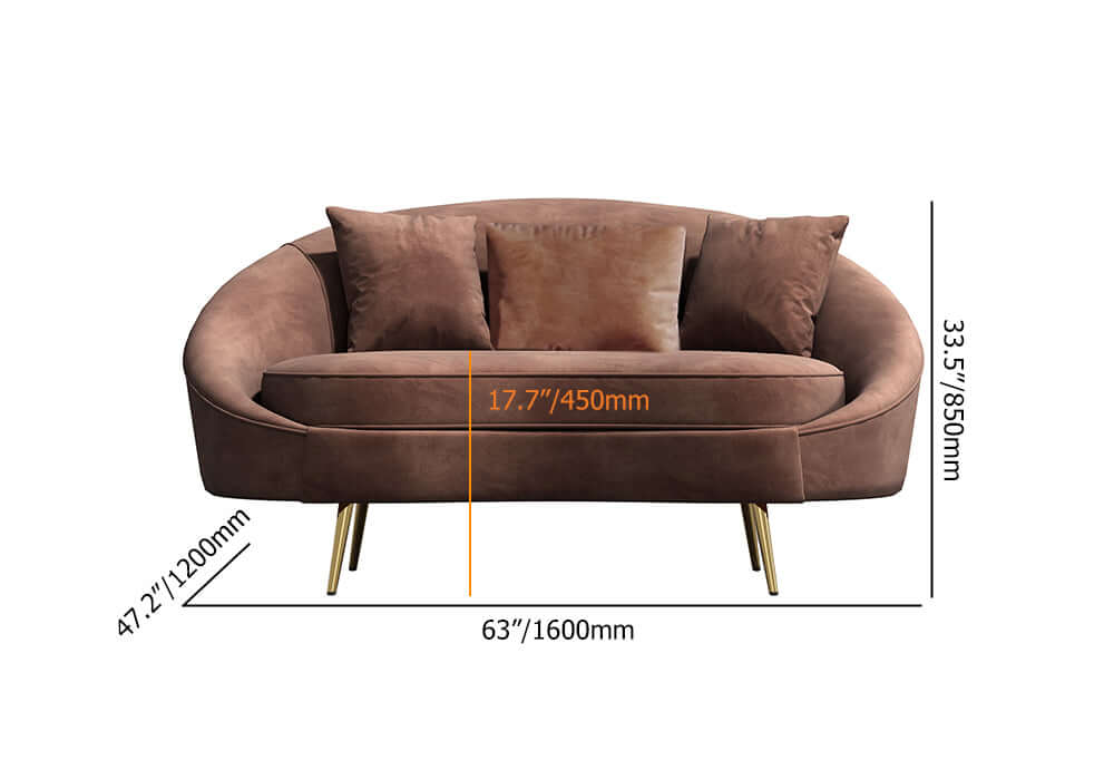 Modern 63 Inch Pink Velvet Curved Sofa with Gold Metal Legs & Throw Pillows - Luxury Living Room Furniture for Small Spaces & Apartments