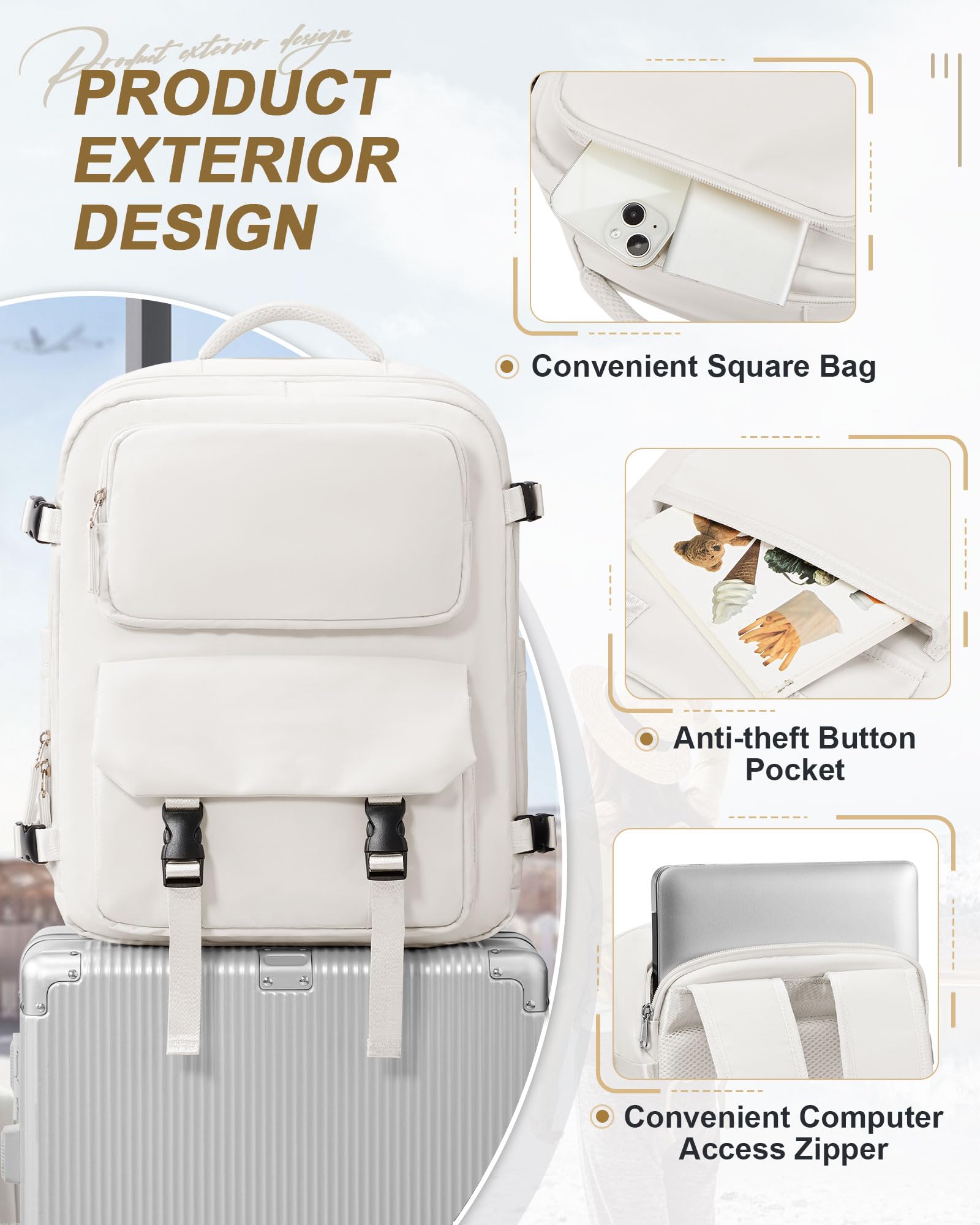 Expandable Flight Approved Travel Laptop Backpack for Women & Men - Waterproof Carry On Backpack for College, Business, Hiking & Weekender Trips (Beige) | Perfect for Air Travel, Commuting & Outdoor Adventures