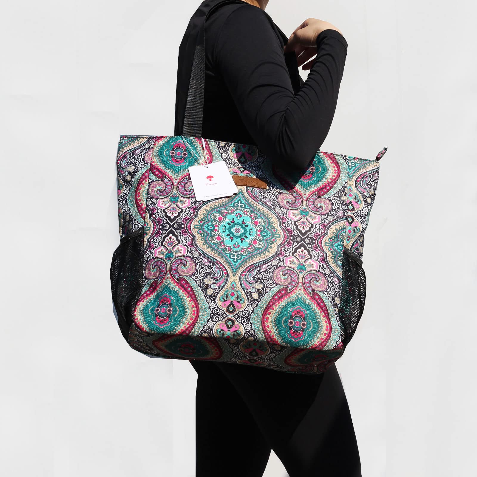 ESVAN Original Floral Waterproof Large Tote Bag for Women - Durable Gym, Beach & Travel Shoulder Bag - Spacious Everyday Carryall for Work, Shopping & Vacation