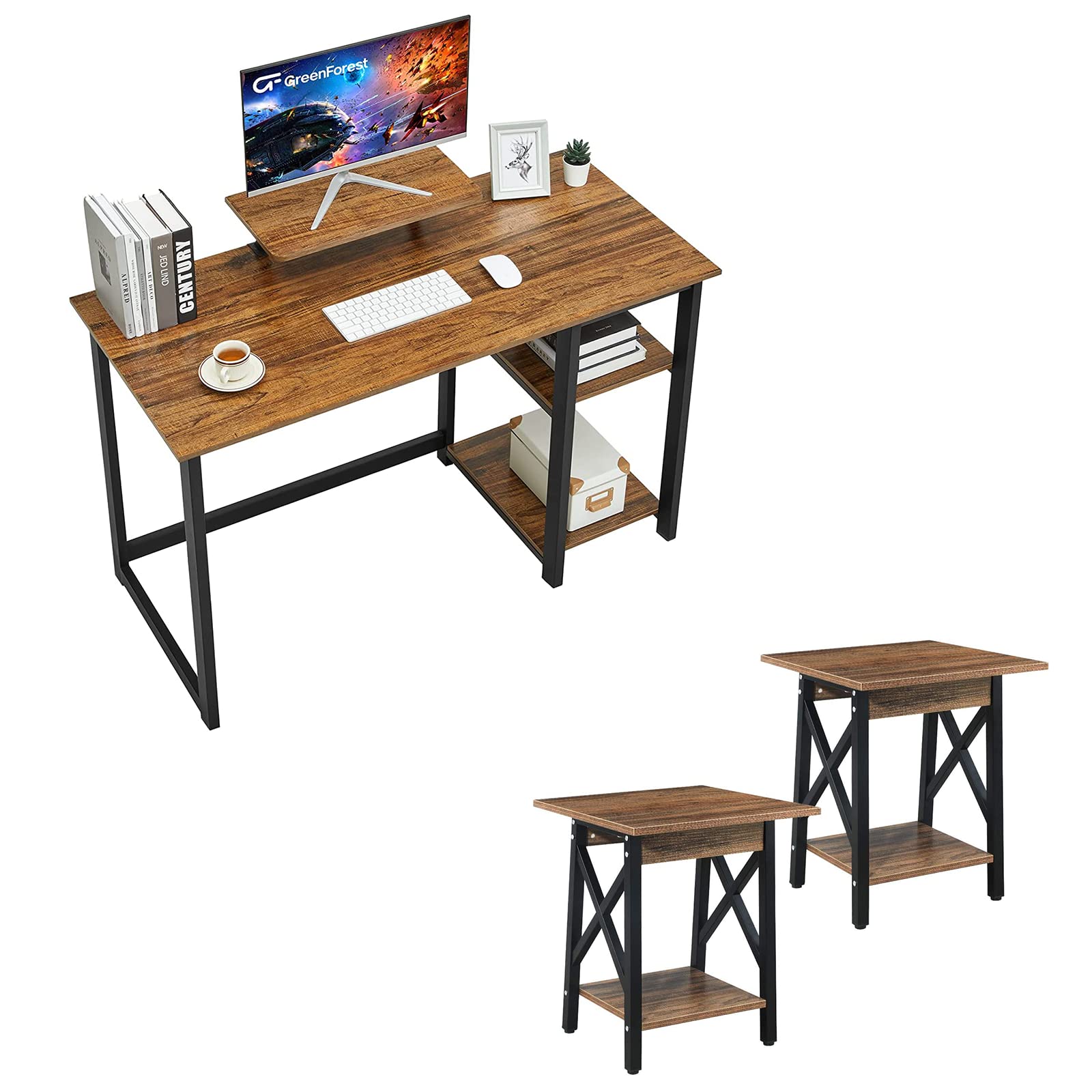 GreenForest 47-inch Modern Computer Desk with Monitor Stand & 2-Tier Storage Shelves | Home Office Desk with Built-in Storage | Space-Saving Workstation for Small Spaces | Perfect for Home Office, Gaming Setup & Study Room