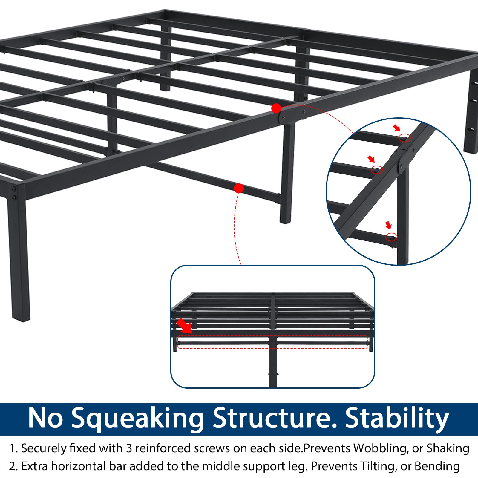 14 Inch Queen Size Bed Frame with Storage - Heavy Duty Metal Platform Bedframe, No Box Spring Needed, Steel Slat Anti-Slip Support, Easy Quick Lock Assembly (Black) - Perfect for Small Bedrooms, Guest Rooms & Apartments